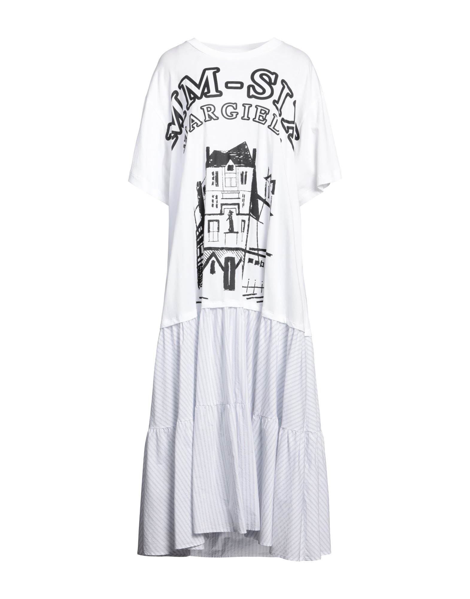 저지, 우븐, 브랜드 로고, 스트라이프, 프린트 디테일 솔리드 컬러, 크루넥, 쇼트 슬리브, 안감없음, 포켓 없음, 트라페즈 스커트. 이미지