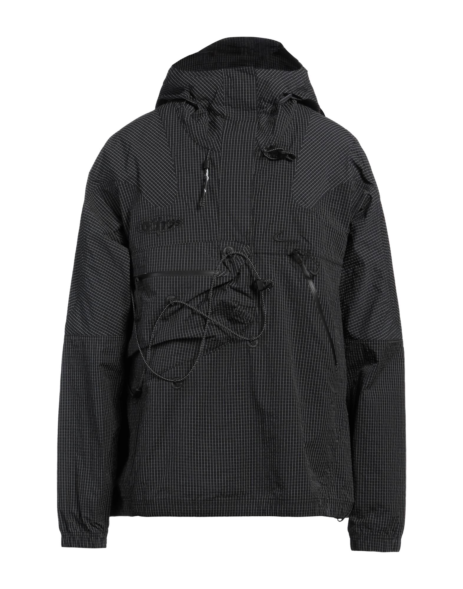 윈드브레이커, 테크니컬 패브릭, 체크, 자수 로고 장식, 후드, 싱글브레스티드, 롱 슬리브, 안감있음, 벨크로 여밈, 지퍼 여밈, 드로스트링 웨이스트, 지퍼 포켓, 세탁기로 세탁, 표백 금지, 건조기 사용불가, 다림질 금지. 이미지