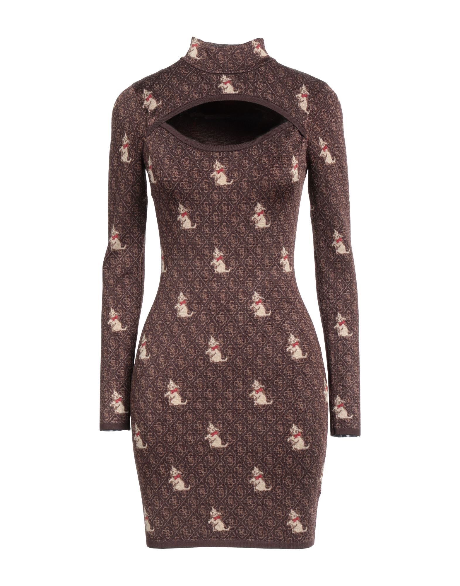 바디콘 드레스, 니트 소재, 라이트웨이트 니트, 로고 디자인, 컷아웃 효과, 목 넥, 롱 슬리브, 안감없음, 스트레치, 손세탁, 표백 금지, 건조기 사용불가. 이미지