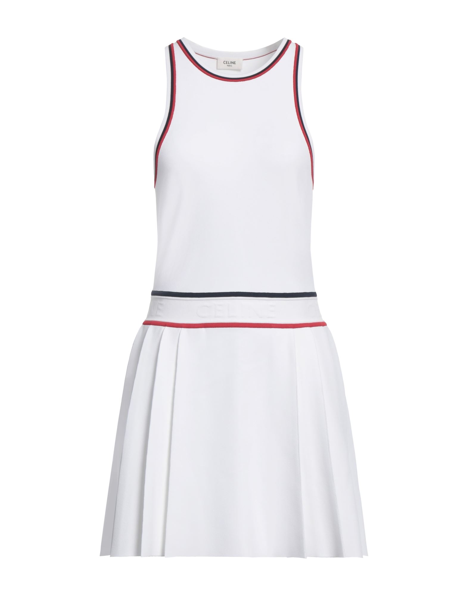 니트 소재, 라이트웨이트 니트, 주름 가공, 브랜드 로고, 멀티컬러 패턴, 크루넥, 슬리브리스, 어깨 패드 내장, 안감없음, 포켓 없음, 플리츠 드레스. 이미지