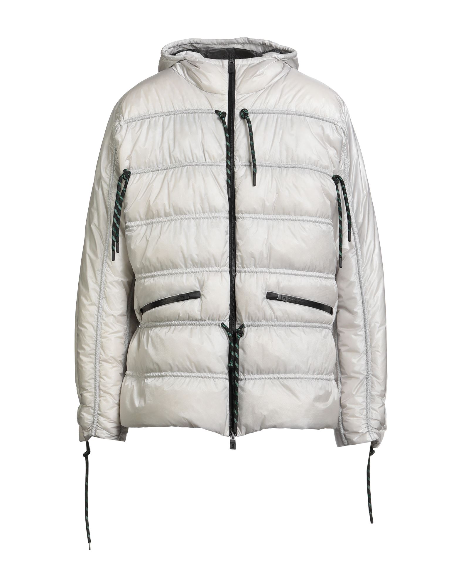 쇼트 다운 자켓, 테크니컬 패브릭, 솔리드 컬러, 브랜드 로고, 후드, 싱글브레스티드, 롱 슬리브, 구스 다운 내장, 헤비 패딩, 지퍼 여밈, 드로스트링 웨이스트, 지퍼 포켓, 방수, 동물성 비섬유 자재 함유, 손세탁, 표백 금지, 건조기 사용불가. 이미지