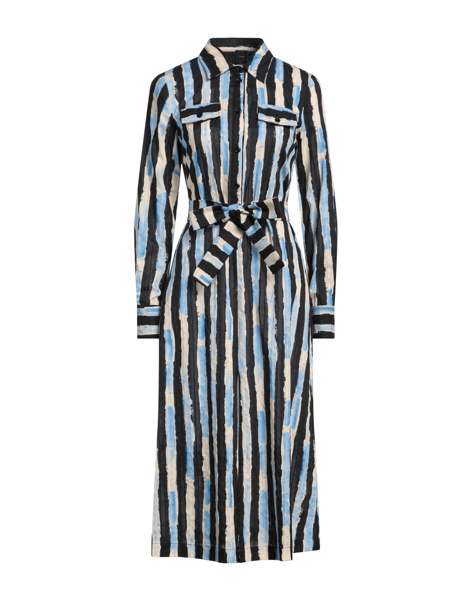 셔츠 드레스, 우븐, 스트라이프, 브랜드 로고, 벨트, 클래식 칼라, 롱 슬리브, 안감없음, 버튼 여밈, 포켓 2개, 프론트 슬릿, 세탁기 세탁 또는 드라이클리닝, 표백 금지, 건조기 사용불가. 이미지