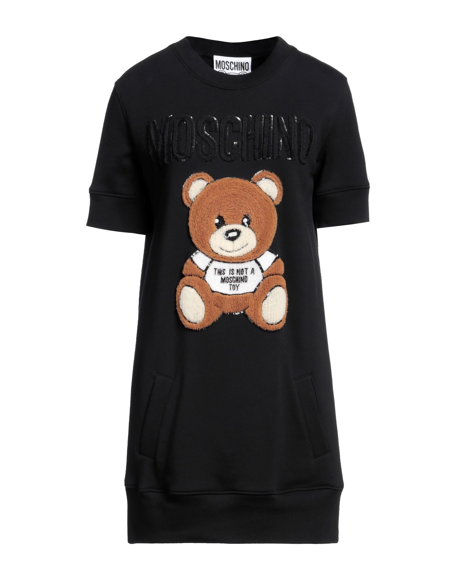 티셔츠 원피스, 프렌치 테리, 장식 디테일 솔리드 컬러, 브랜드 로고, 장식 효과, 시퀸, 크루넥, 쇼트 슬리브, 캥거루 포켓, 손세탁 또는 드라이클리닝, 표백 금지, 건조기 사용불가. 이미지