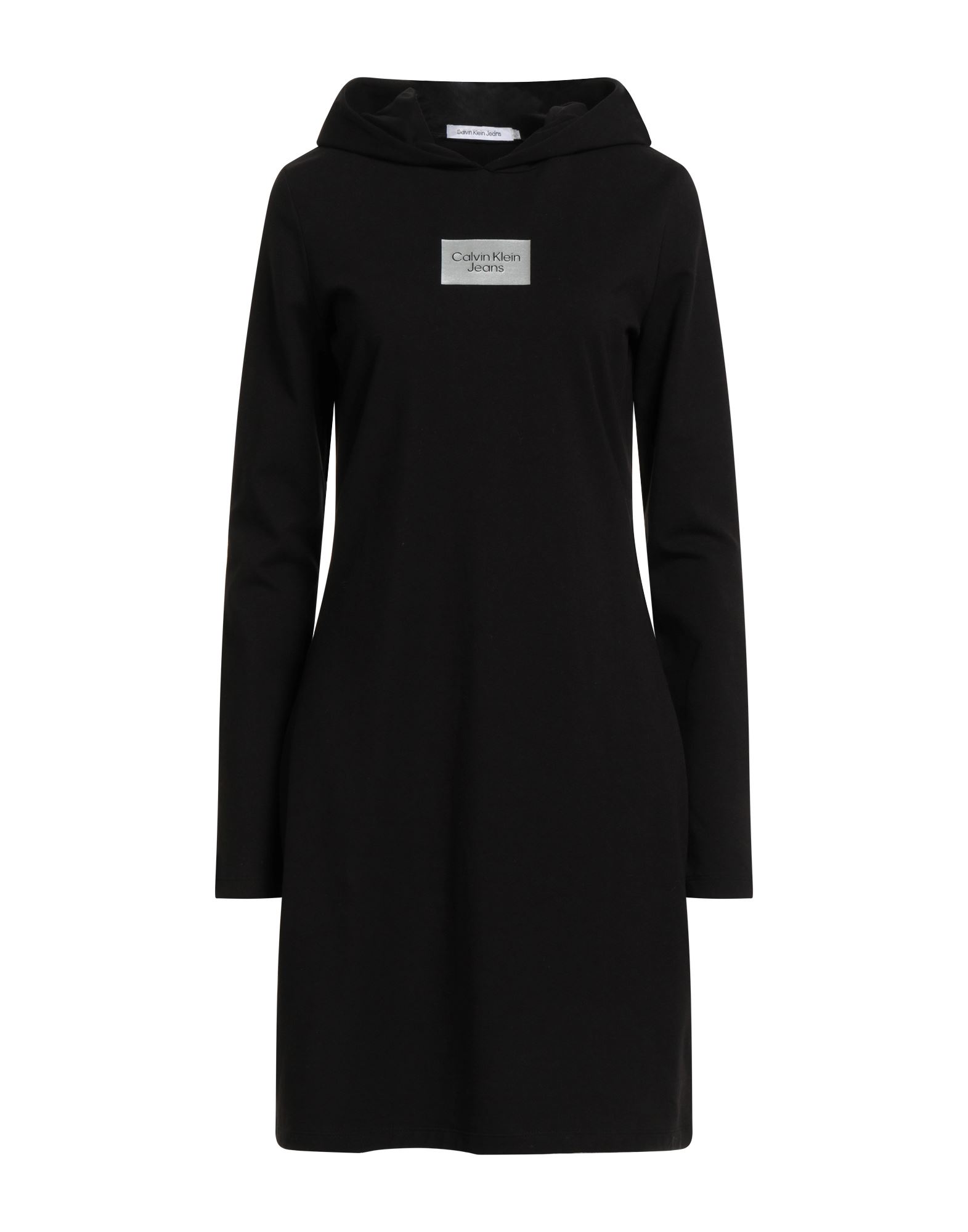 티셔츠 원피스, 저지, 프린트 디테일 솔리드 컬러, 브랜드 로고, 후드, 롱 슬리브, 안감없음, 스트레치, 세탁기로 세탁, 표백 금지, 건조기 사용불가. 이미지