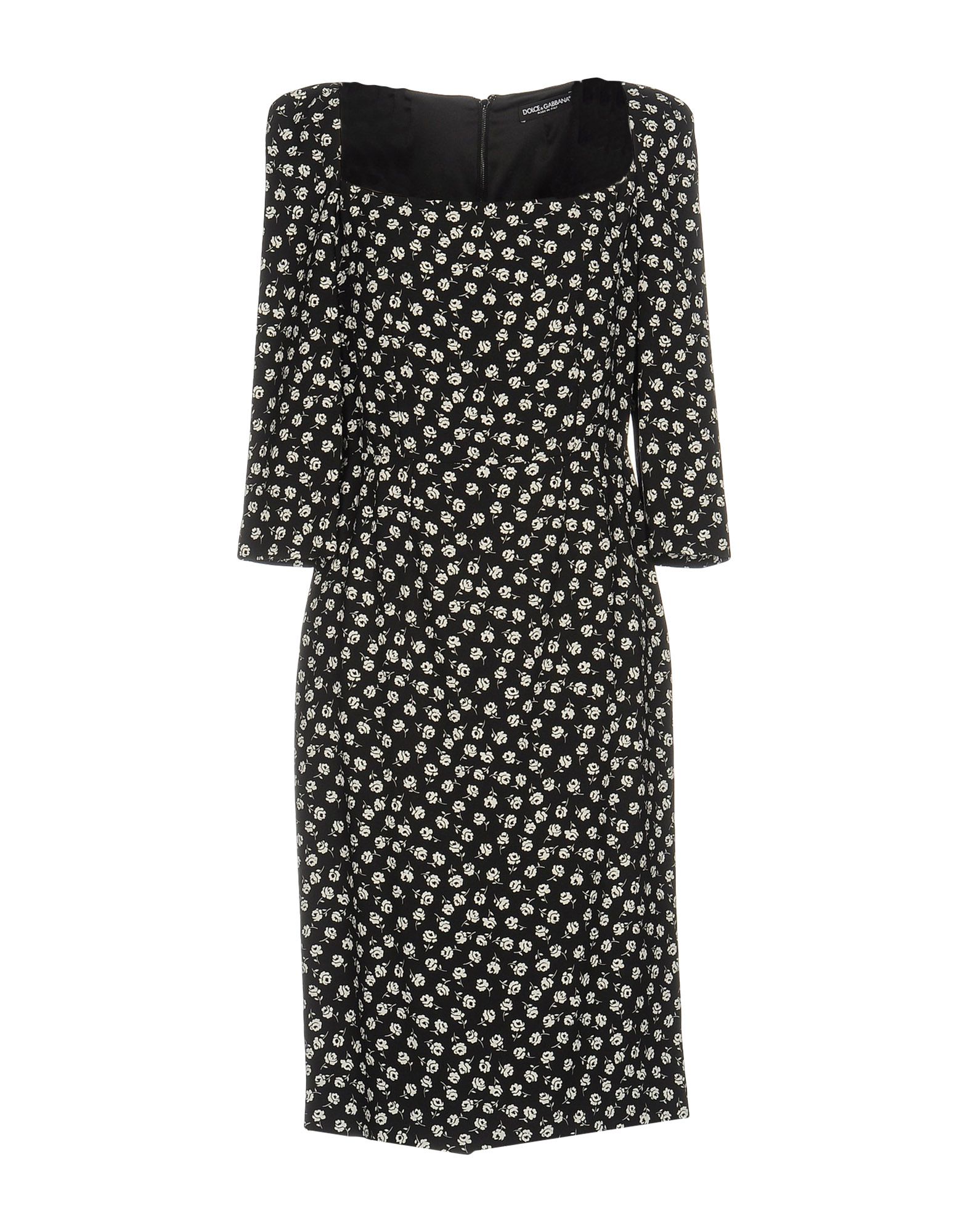 크레이프, 플로럴 모티브, 스퀘어 네크라인, 3/4길이 슬리브, 장식 부착 없음, 포켓 없음, 안감있음, 뒤여밈, 지퍼 , 튜브 라인. 이미지