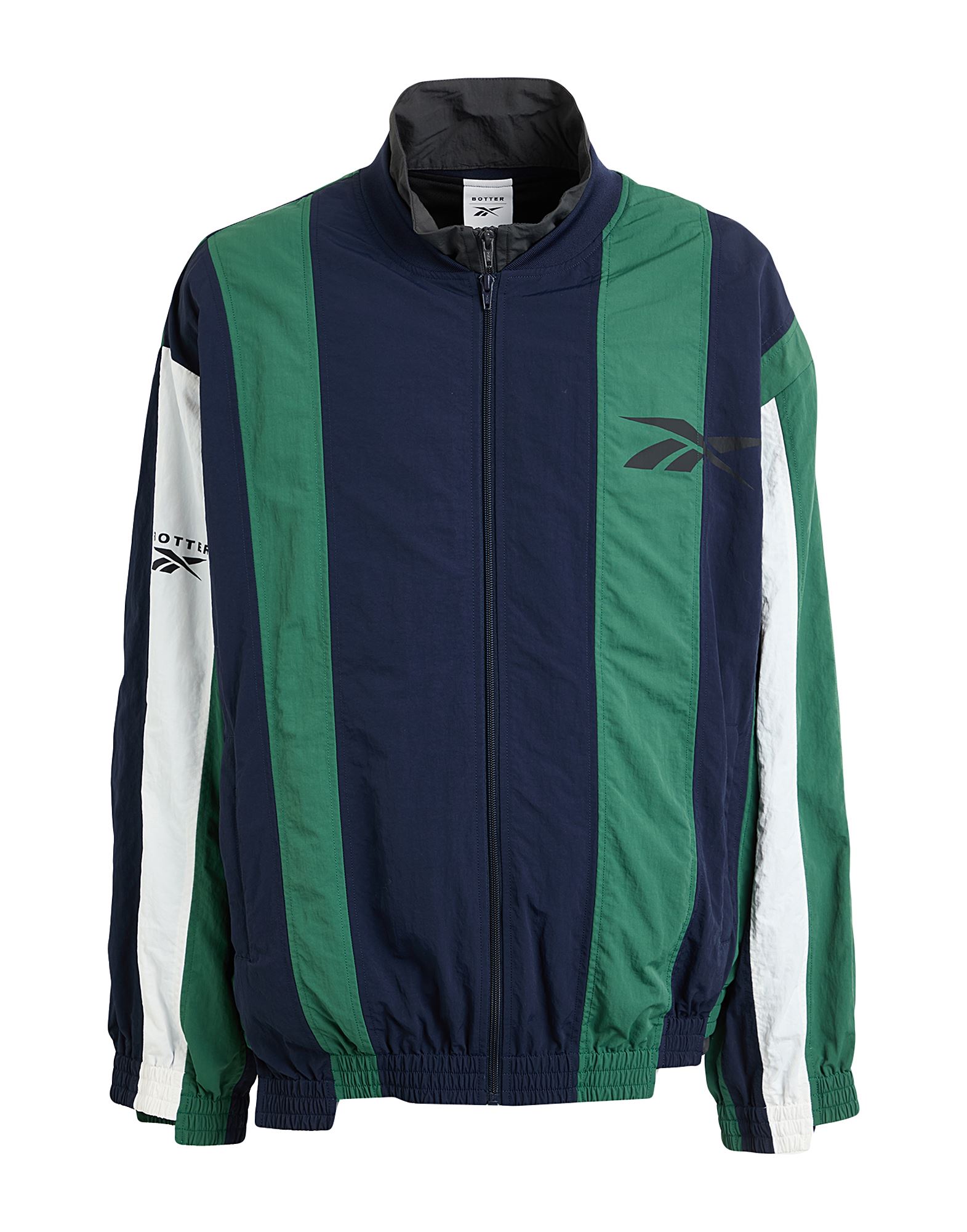 캐주얼 자켓, 테크니컬 패브릭, 멀티컬러 패턴, 브랜드 로고, 스탠드 칼라, 싱글브레스티드, 롱 슬리브, 안감있음, 지퍼 여밈, 멀티 포켓, 세탁기로 세탁, 표백 금지, 건조기 사용불가. 이미지