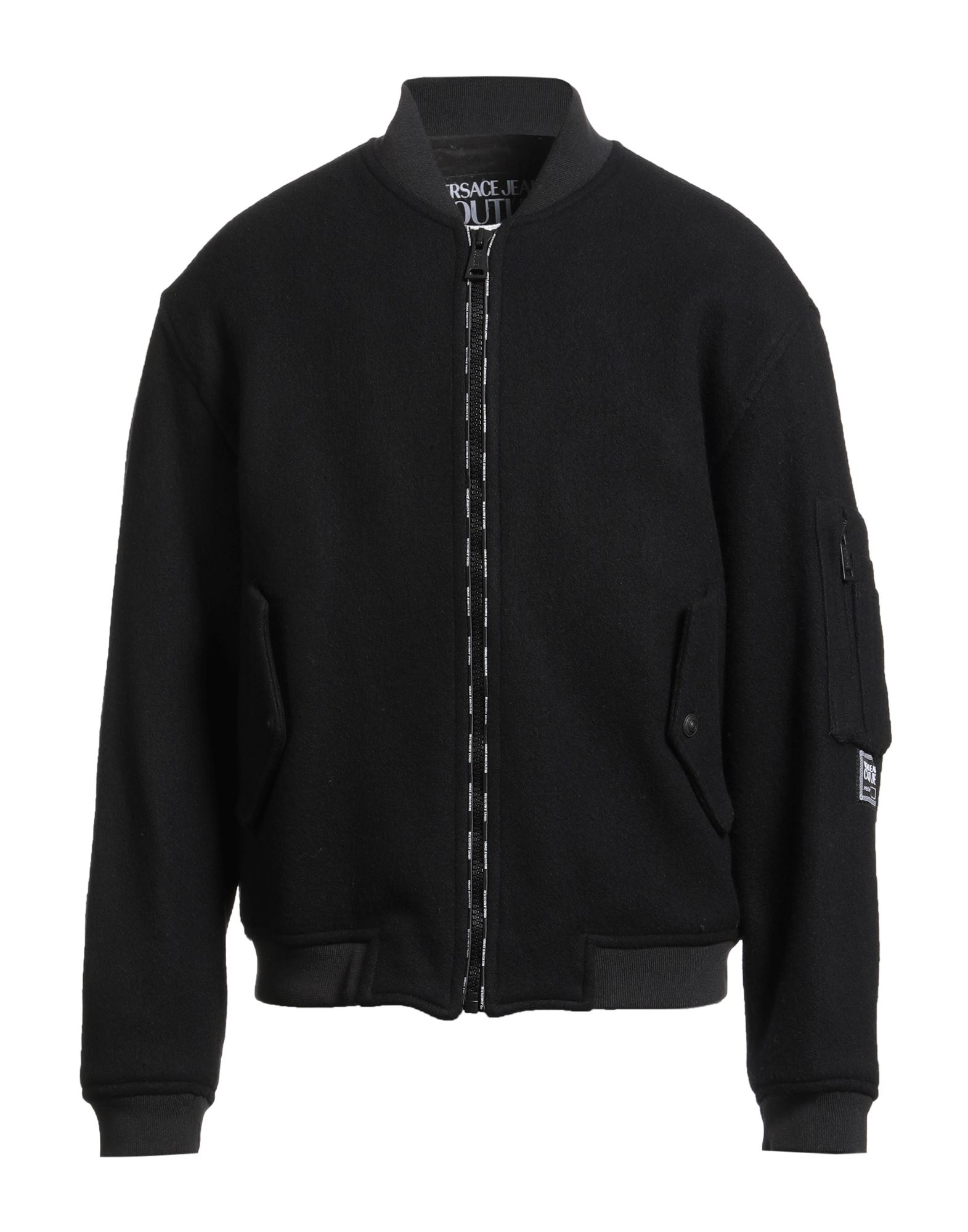 보머 자켓, 펠트, 니트 트리밍, 브랜드 로고, 솔리드 컬러, 크루넥, 롱 슬리브, 안감있음, 지퍼 여밈, 플랩 포켓, 드라이클리닝, 표백 금지, 건조기 사용불가. 이미지