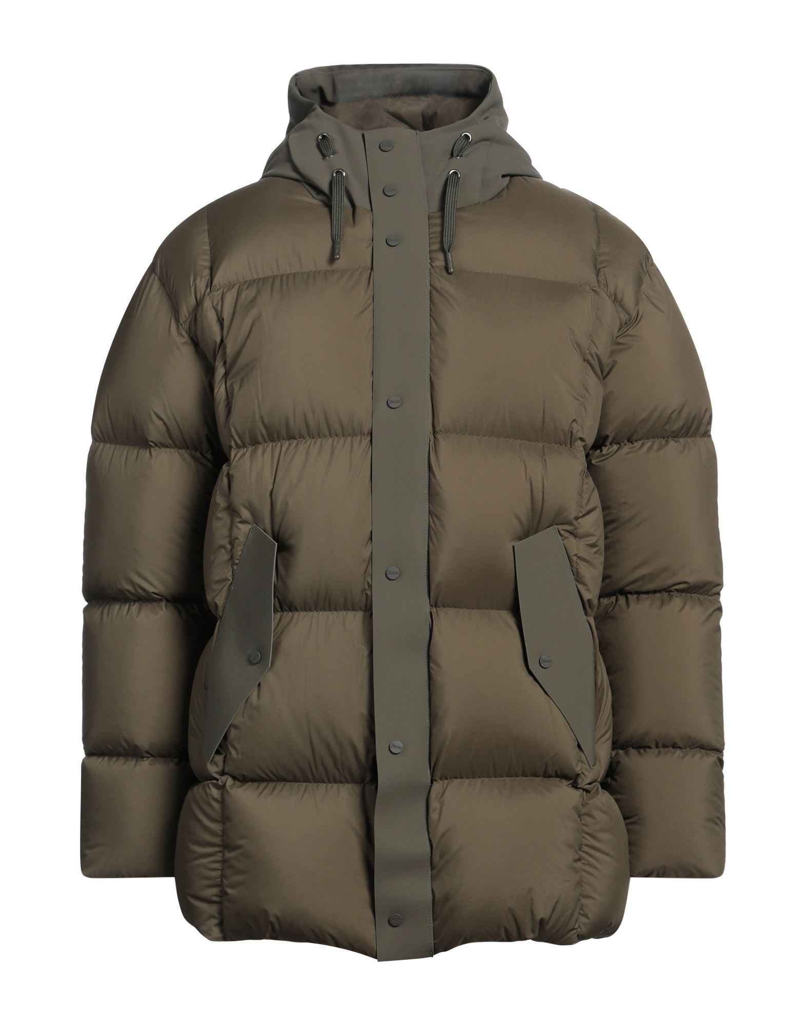 쇼트 다운 자켓, 테크니컬 패브릭, 퀼팅, 브랜드 로고, 솔리드 컬러, 후드, 롱 슬리브, 구스 다운 내장, 헤비 패딩, 지퍼 여밈, 스냅버튼 여밈, 멀티 포켓, 동물성 비섬유 자재 함유, 드라이클리닝, 표백 금지, 건조기 사용불가, 다림질 금지. 이미지