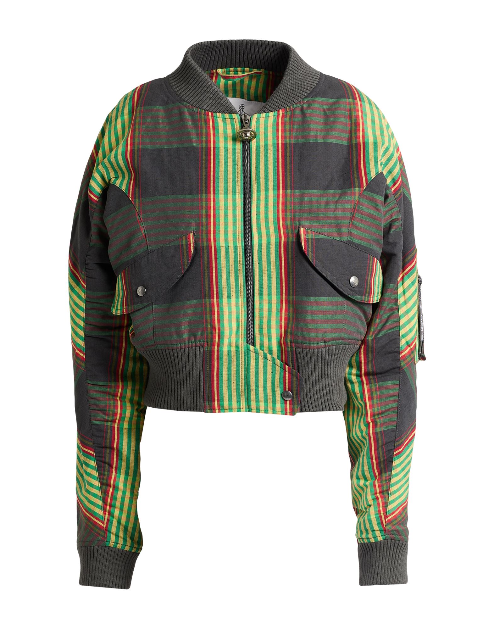 보머 자켓, 우븐, 자수 로고 장식, 니트 트리밍, 타탄체크, 크루넥, 롱 슬리브, 리브 조직 커프스, 합성 충전재, 라이트 패딩, 지퍼 여밈, 스냅버튼 여밈, 플랩 포켓, 드라이클리닝, 표백 금지, 건조기 사용불가. 이미지