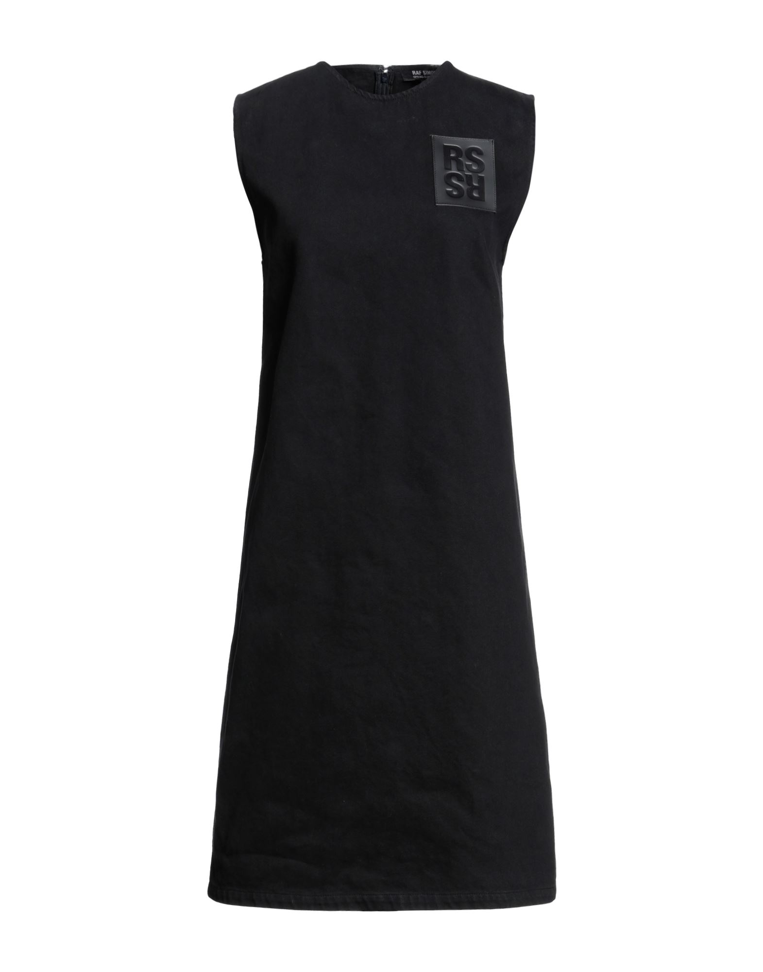 데님, 브랜드 로고, 솔리드 컬러, 라운드 네크라인, 슬리브리스, 안감없음, 지퍼 클로저, 훅&아이, 포켓 없음, 트라페즈 스커트. 이미지