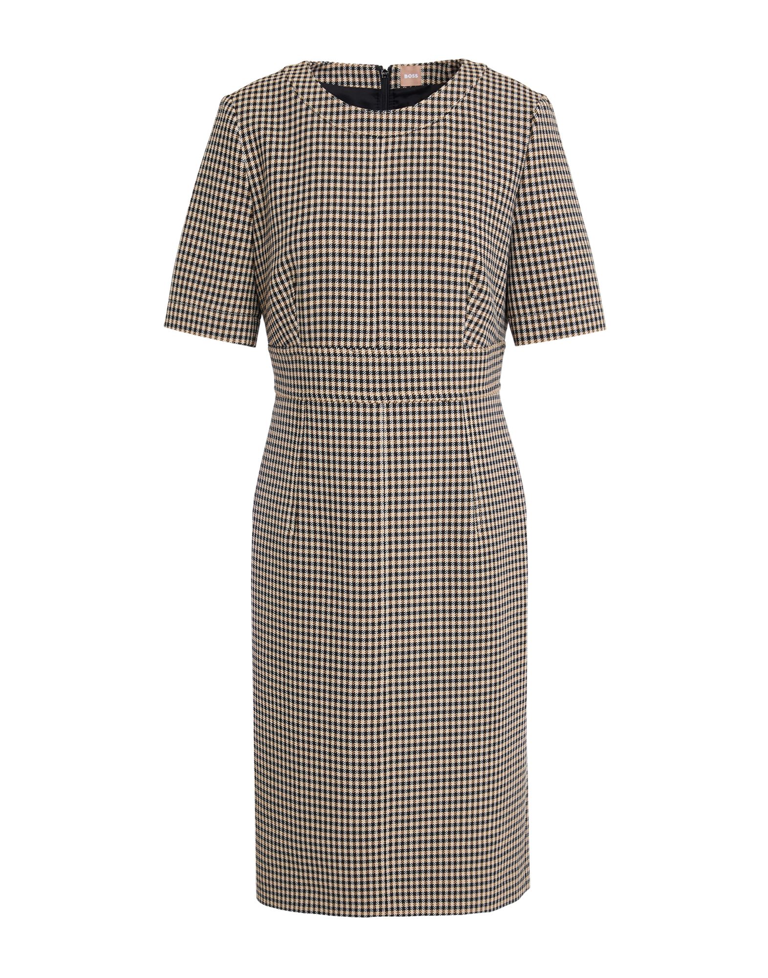 바디콘 드레스, 우븐, 체크, 장식 부착 없음, 크루넥, 쇼트 슬리브, 안감있음, 지퍼 여밈, 포켓 없음, 스트레치, 드라이클리닝, 표백 금지, 건조기 사용불가. 이미지