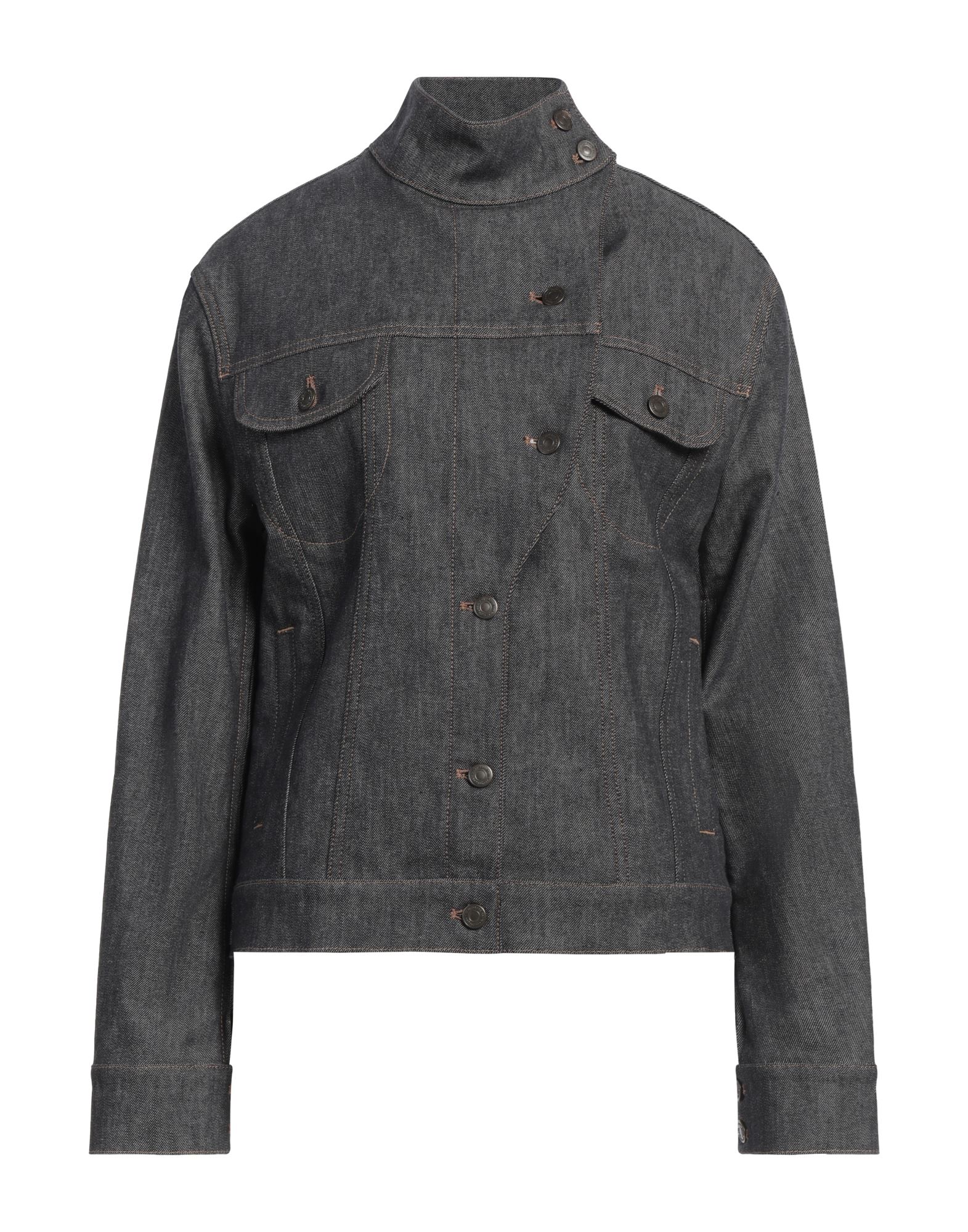 데님 자켓, 데님, 솔리드 컬러, 장식 부착 없음, 다크 워싱, 터틀넥, 싱글브레스티드, 롱 슬리브, 안감없음, 버튼 여밈, 멀티 포켓, 스트레치, 세탁기 세탁 또는 드라이클리닝, 표백 금지, 건조기 사용불가. 이미지