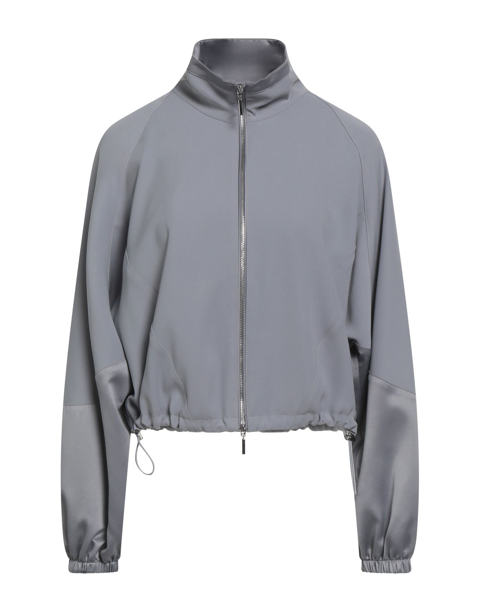 캐주얼 자켓, 크레이프, 새틴 트리밍, 솔리드 컬러, 터틀넥, 롱 슬리브, 안감없음, 지퍼 여밈, 포켓 없음, 드라이클리닝, 표백 금지, 건조기 사용불가. 이미지