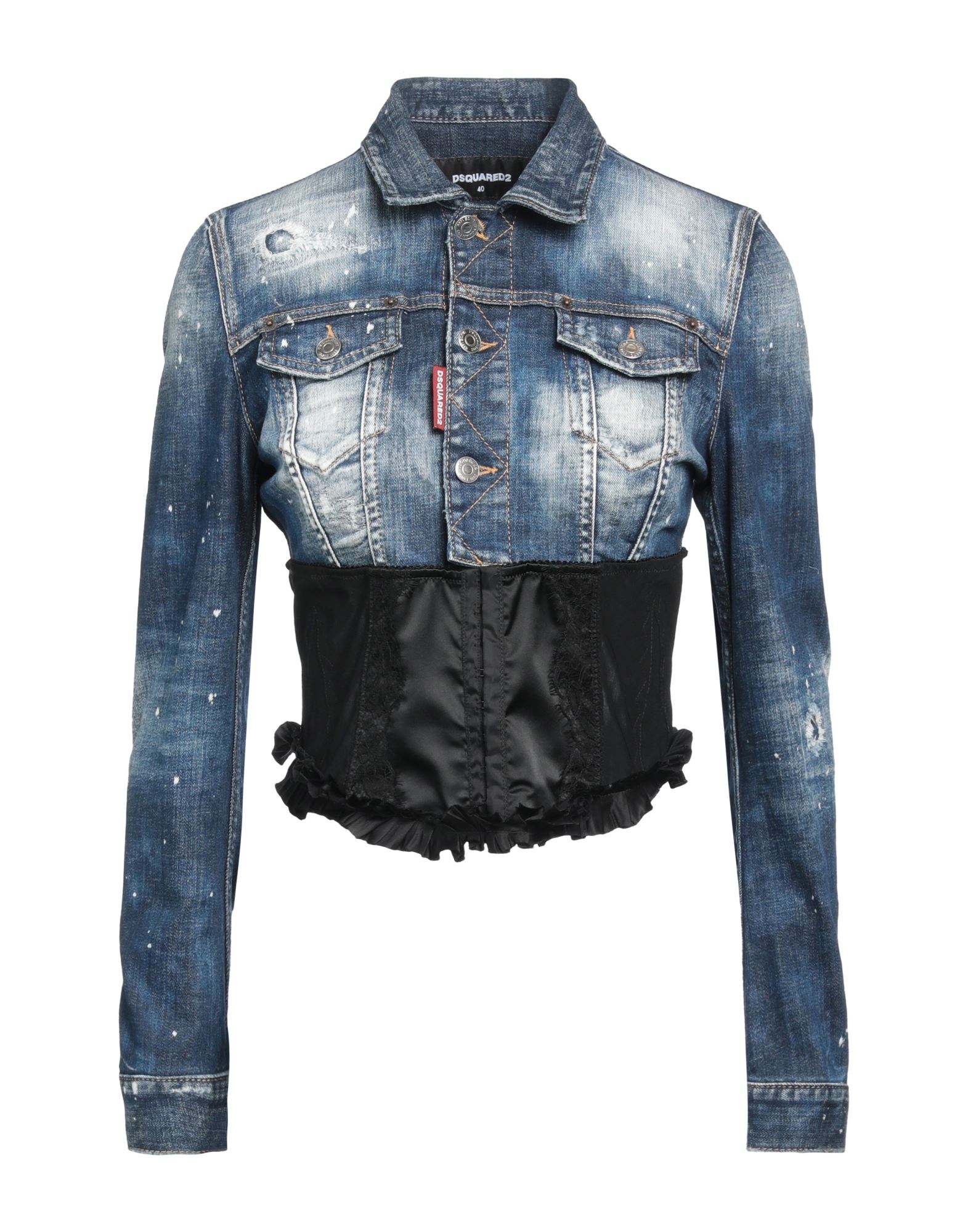 데님, 튤, 브랜드 로고, 투톤 패턴, 다크 워싱, 클래식 칼라, 싱글브레스티드, 롱 슬리브, 안감없음, 버튼 여밈, 멀티 포켓, 스트레치, 손세탁, 표백 금지, 건조기 사용불가, 데님 트러커 자켓. 이미지