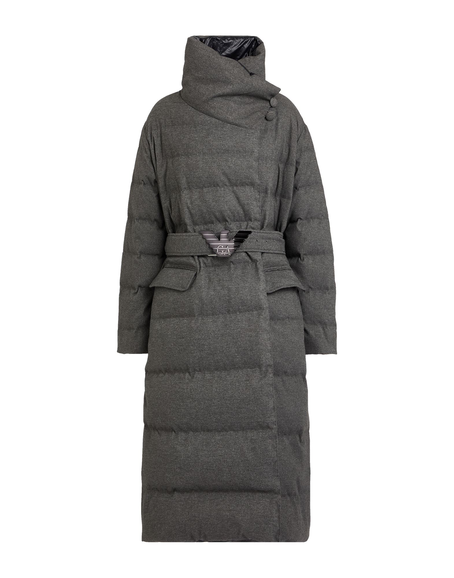 롱 다운 자켓, 플란넬, 발수 소재, 장식 부착 없음, 솔리드 컬러, 터틀넥, 싱글브레스티드, 롱 슬리브, 덕 다운 내장, 헤비 패딩, 버튼 여밈, 멀티 포켓, 동물성 비섬유 자재 함유, 세탁기로 세탁, 표백 금지, 건조기 사용불가. 이미지