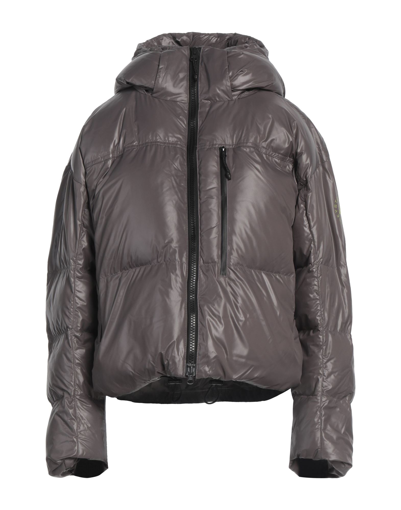 쇼트 패딩 자켓, 테크니컬 패브릭, 솔리드 컬러, 브랜드 로고, 후드, 싱글브레스티드, 롱 슬리브, 합성 충전재, 지퍼 여밈, 멀티 포켓, 세탁기로 세탁, 표백 금지, 건조기 사용불가. 이미지