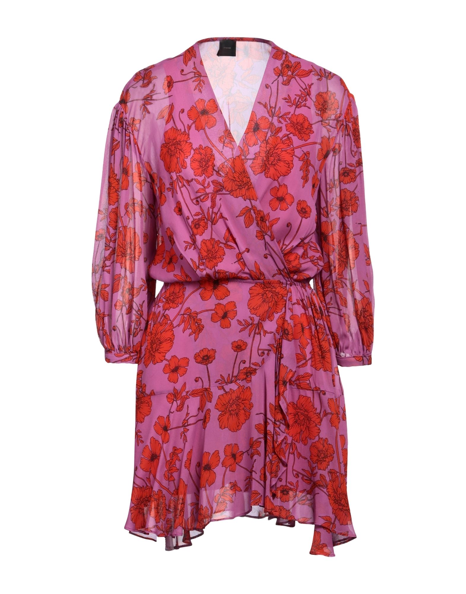 플레어 드레스, 조젯, 플로럴 모티브, 랩 스타일, 딥 네크라인, 3/4길이 슬리브, 버튼 커프스, 부분적으로 안감 처리한 내부, 지퍼 여밈, 엘라스틱 웨이스트라인, 드라이클리닝, 표백 금지, 건조기 사용불가, 결혼식 하객 스타일로도 적합한 특별한 날에 어울리는 우아한 세레모니 룩. 이미지