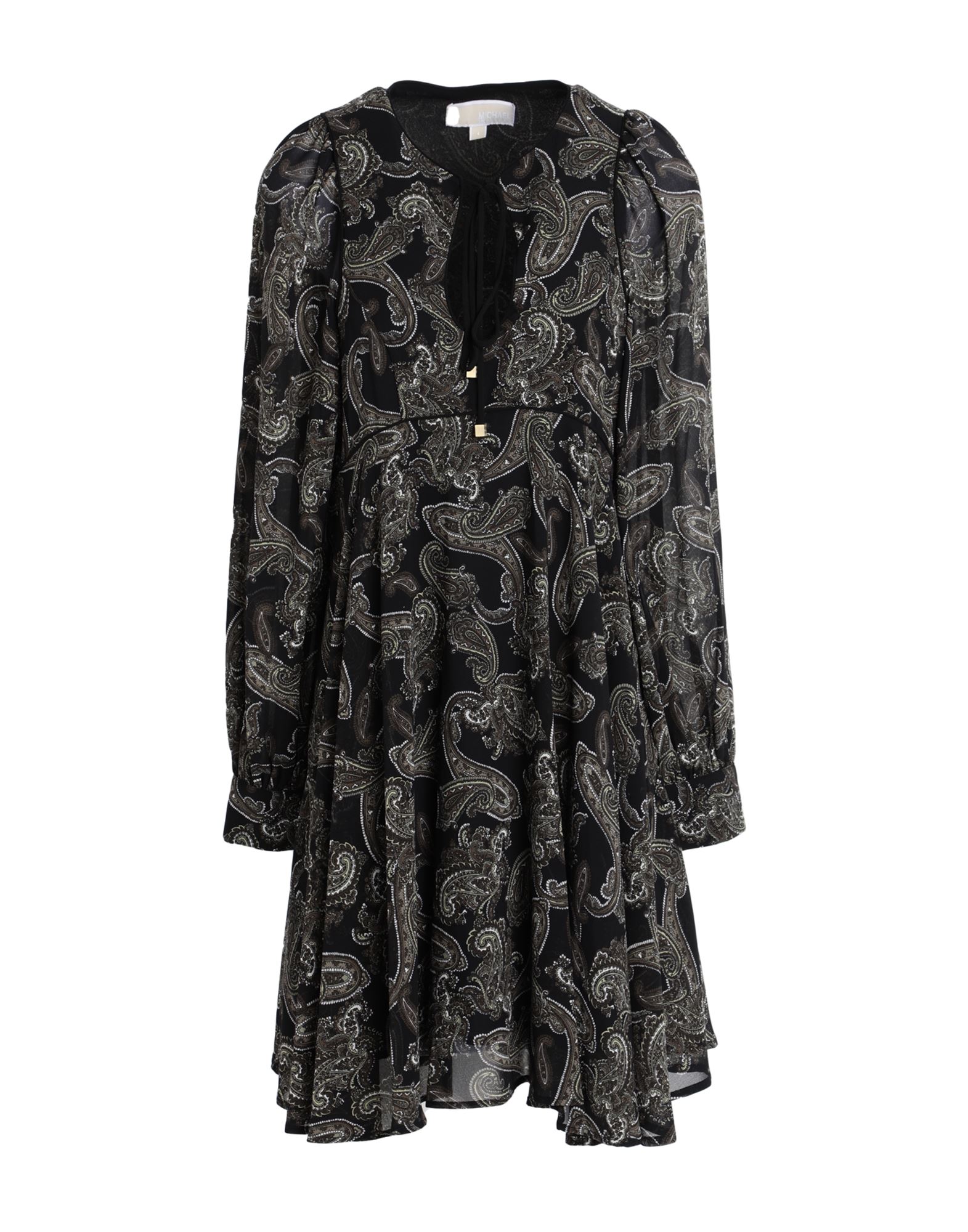 쉬폰, 레이스업, 페이즐리 패턴, 멀티컬러 패턴, 라운드 네크라인, 롱 슬리브, 버튼 커프스, 안감있음, 지퍼 클로저, 멀티 포켓, 트라페즈 스커트. 이미지