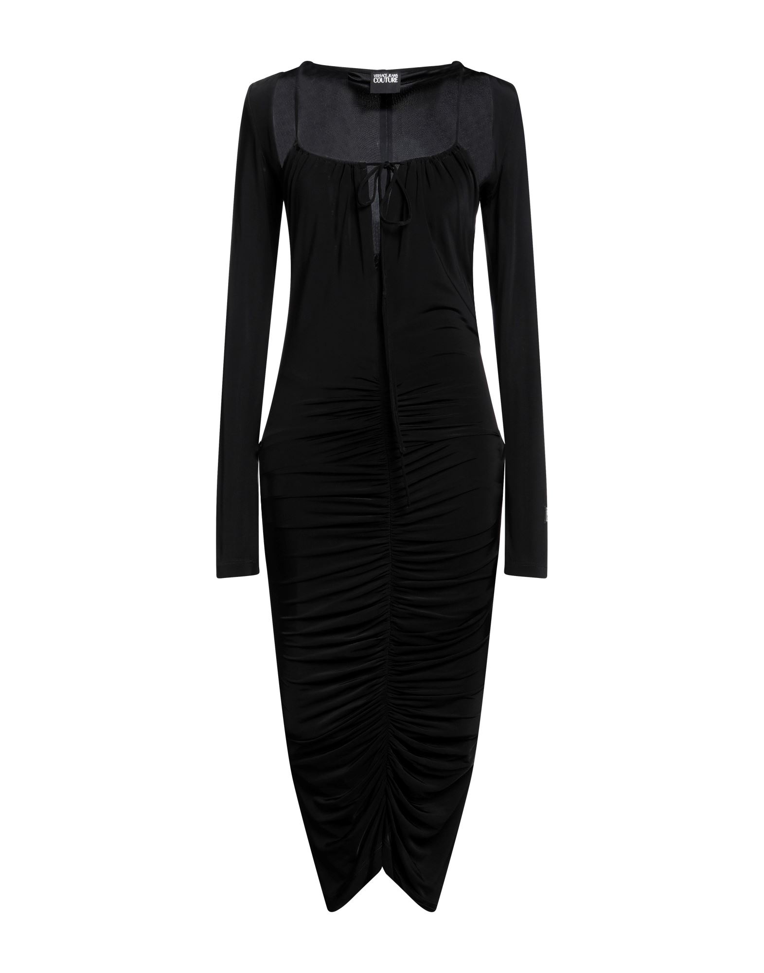 저지, 주름효과, 솔리드 컬러, 딥 네크라인, 롱 슬리브, 안감있음, 스트레치, 펜슬 스커트. 이미지