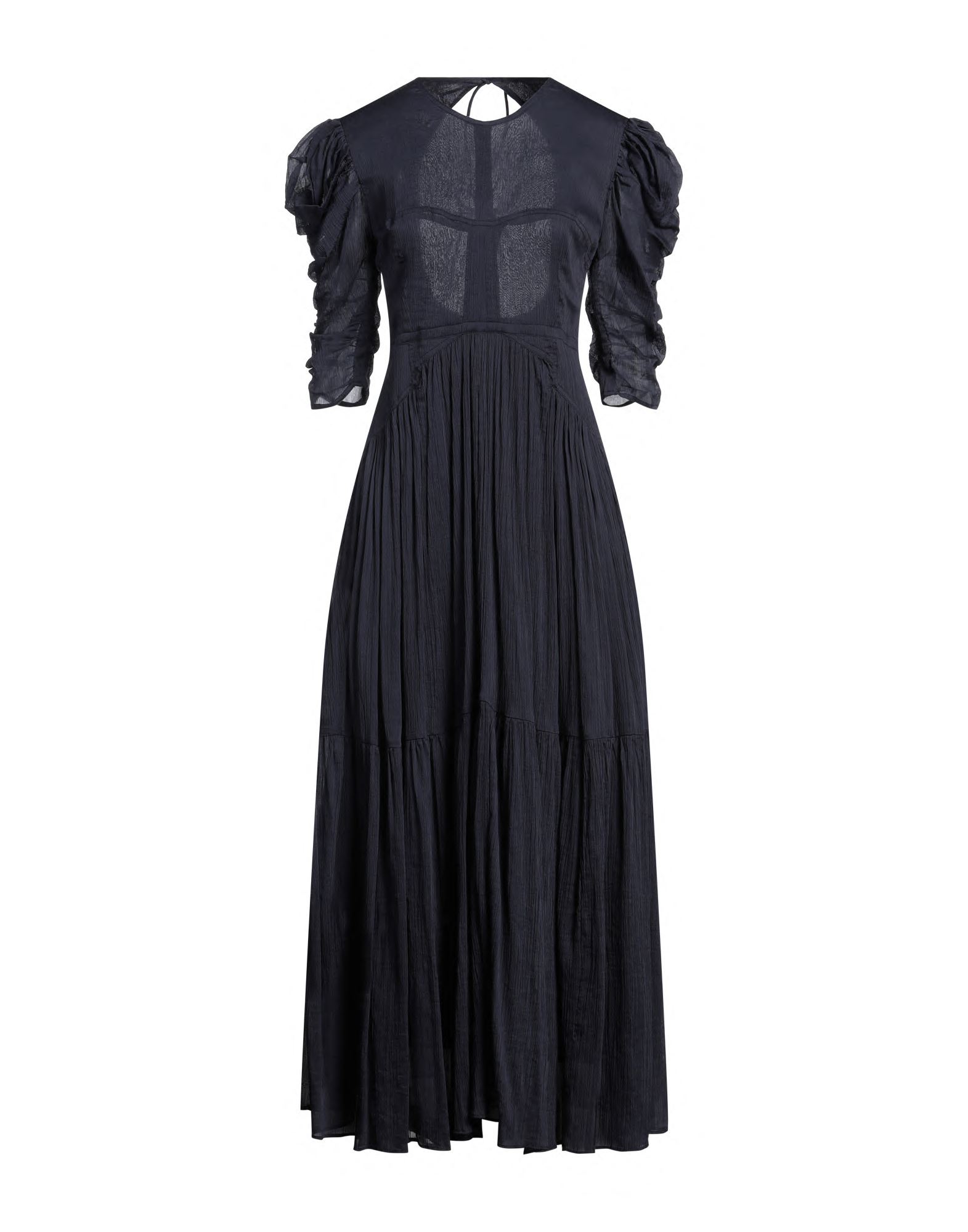 플레어 드레스, 크레이프, 솔리드 컬러, 오픈 백, 크루넥, 3/4길이 슬리브, 안감있음, 타이 여밈, 포켓 없음, 손세탁 또는 드라이클리닝, 표백 금지, 건조기 사용불가. 이미지