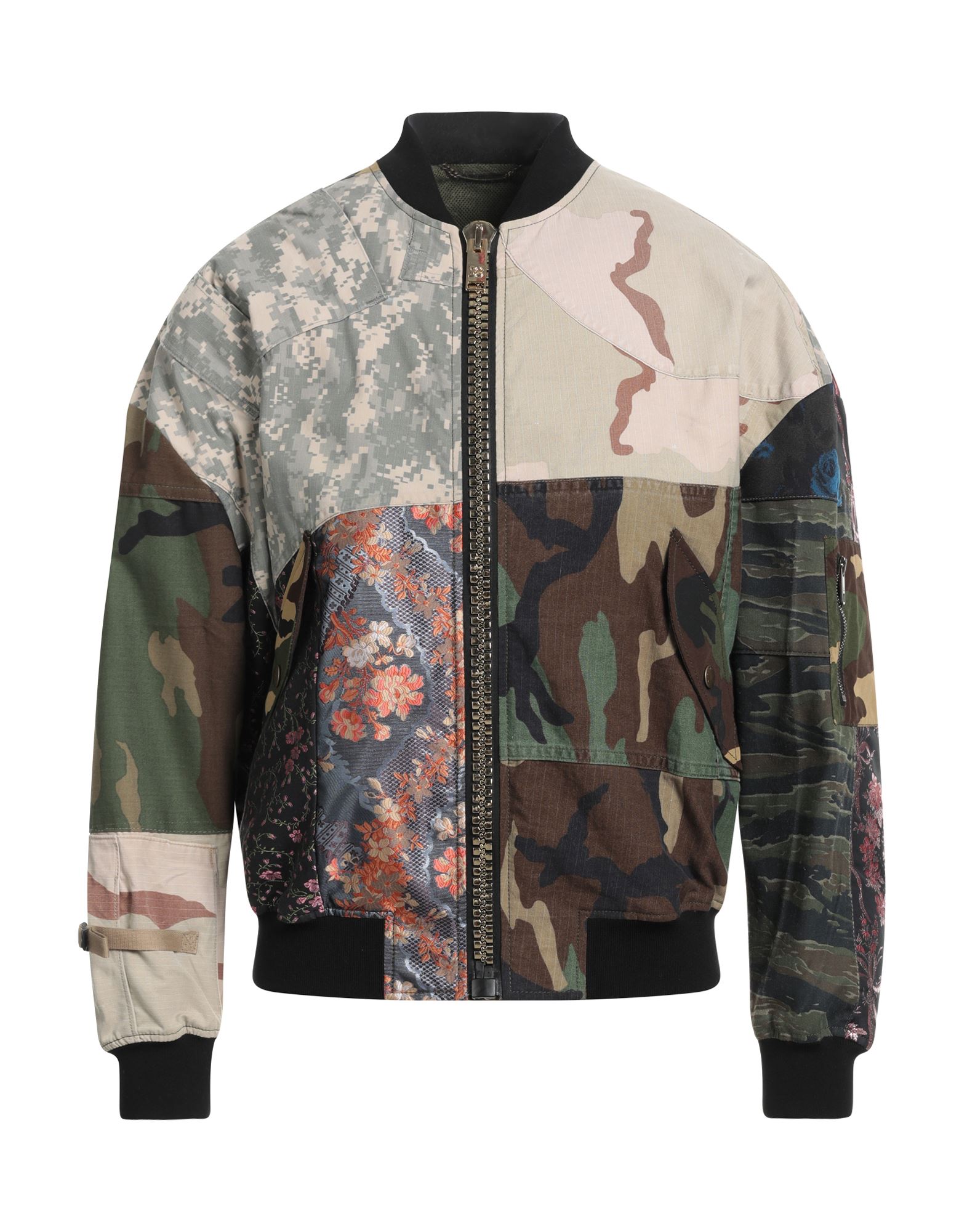 자카드, 평직, 장식 부착 없음, 패치워크 디테일, 라운드 네크라인, 싱글브레스티드, 롱 슬리브, 안감있음, 지퍼 클로저, 멀티 포켓, 스냅버튼 포켓, 보머. 이미지