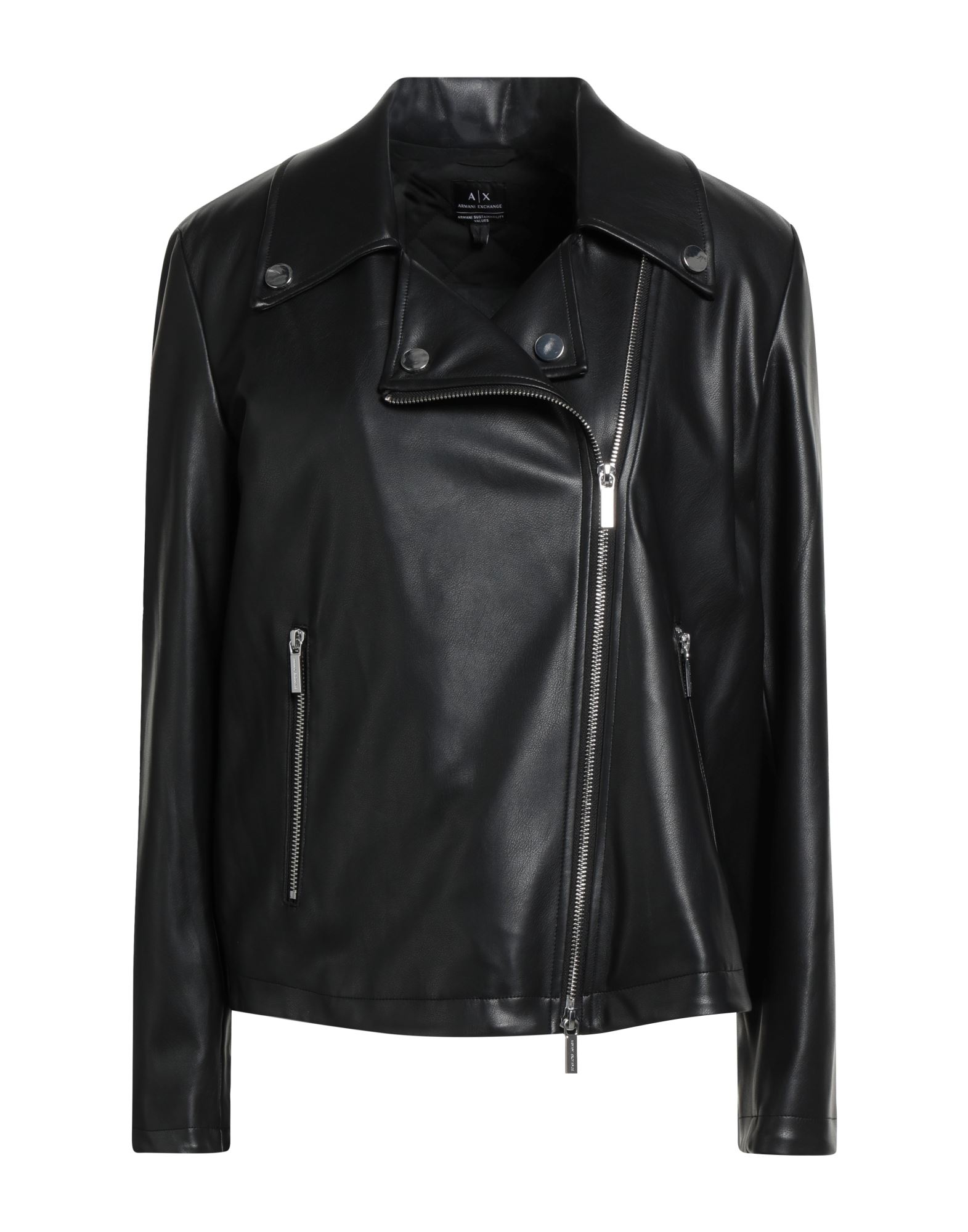 바이커 자켓, 인조가죽, 장식 부착 없음, 솔리드 컬러, 클래식 칼라, 롱 슬리브, 안감있음, 지퍼 여밈, 지퍼 포켓, 세탁기로 세탁, 표백 금지, 건조기 사용불가, 다림질 금지. 이미지