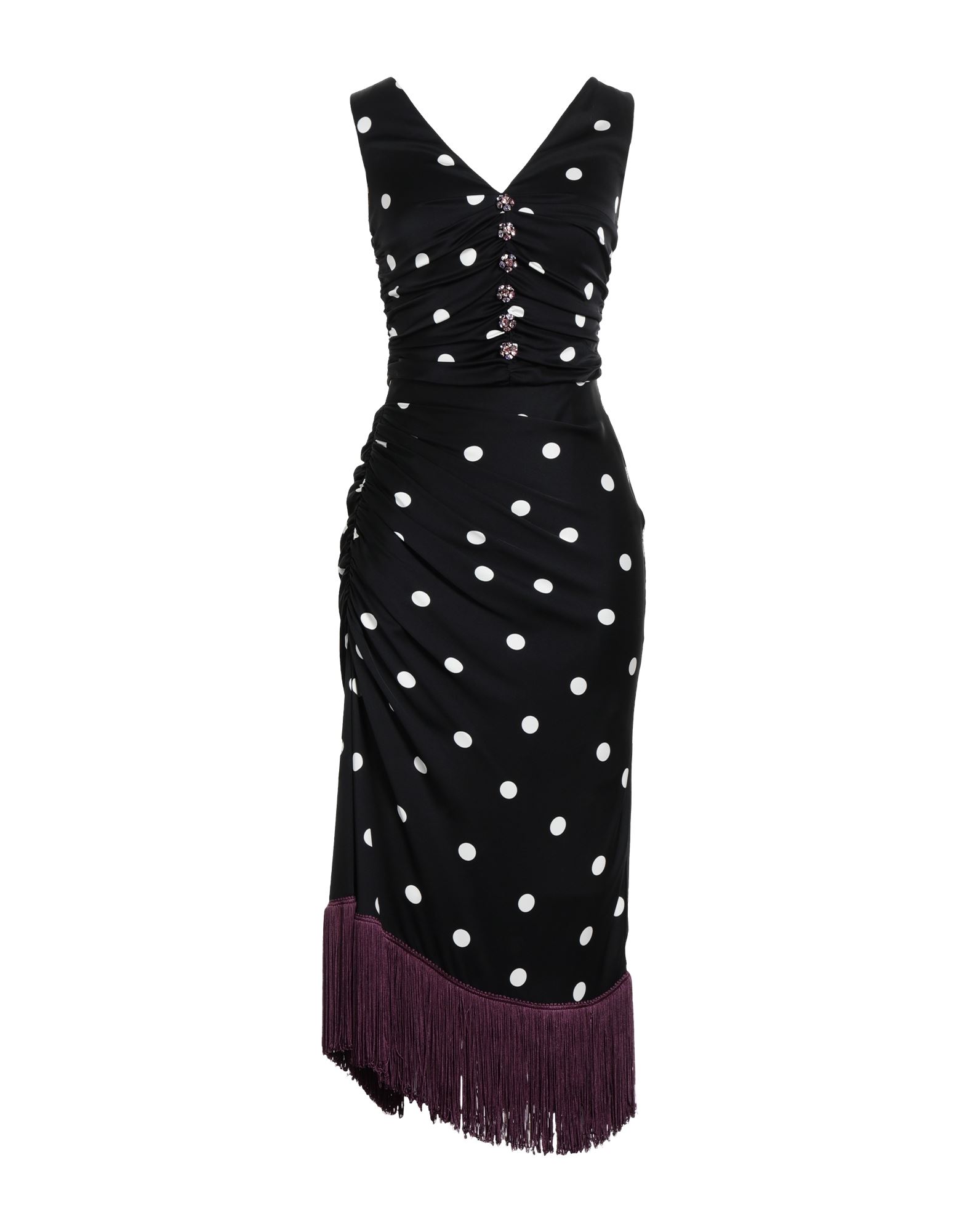 펜슬 스커트, 우븐, 스트레치 패브릭, 폴카도트, 개더 디테일, 프린지, v 네크라인, 슬리브리스, 안감있음, 지퍼 여밈, 후크 여밈, 포켓 없음, 스타일과 우아함 그리고 화려함이 어우러진 멋진 파티 룩을 연출해줄 피스. 이미지