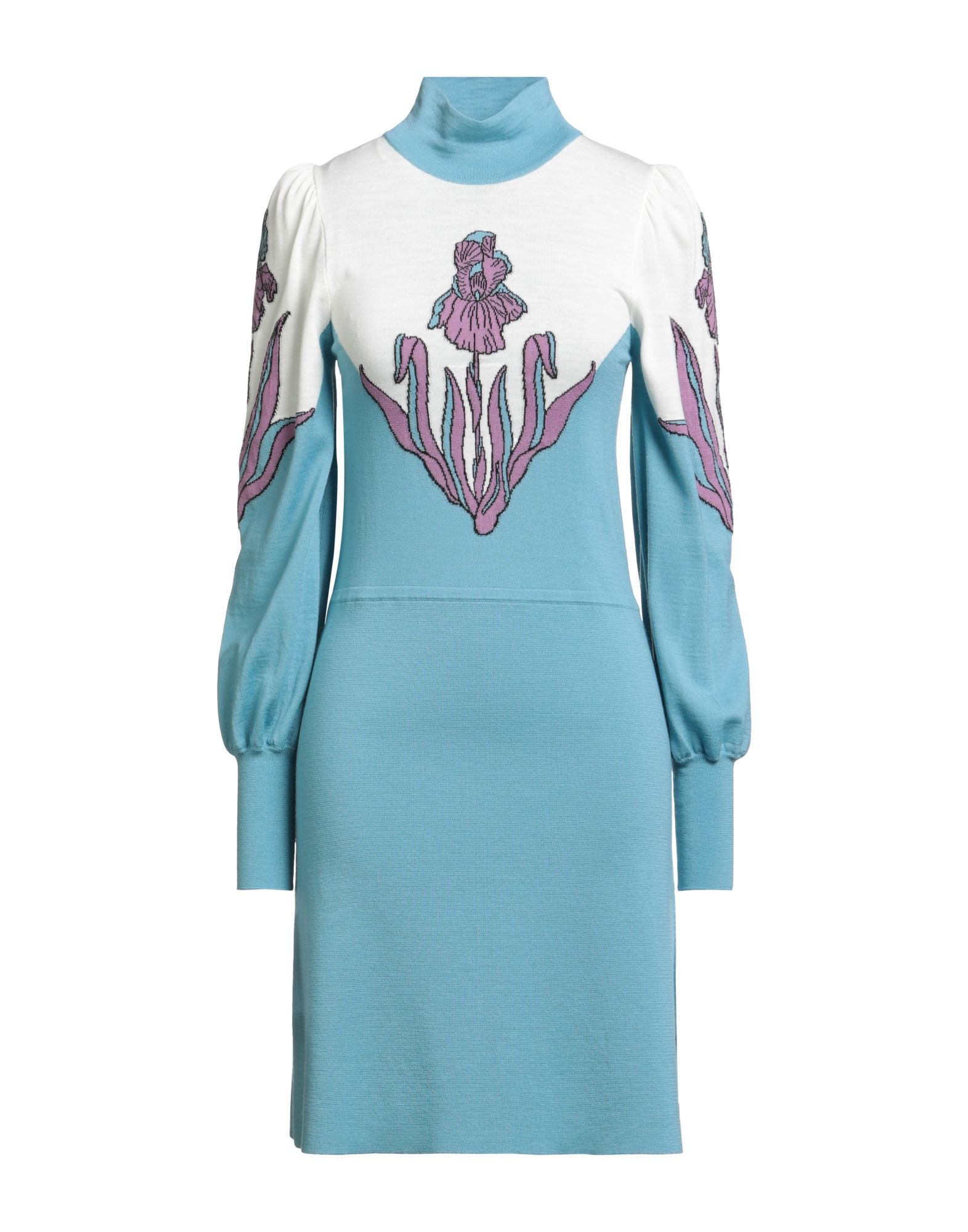 플레어 드레스, 울, 라이트웨이트 니트, 멀티컬러 패턴, 장식 부착 없음, 크루넥, 롱 슬리브, 안감없음, 포켓 없음, 손세탁 또는 드라이클리닝, 표백 금지, 건조기 사용불가. 이미지