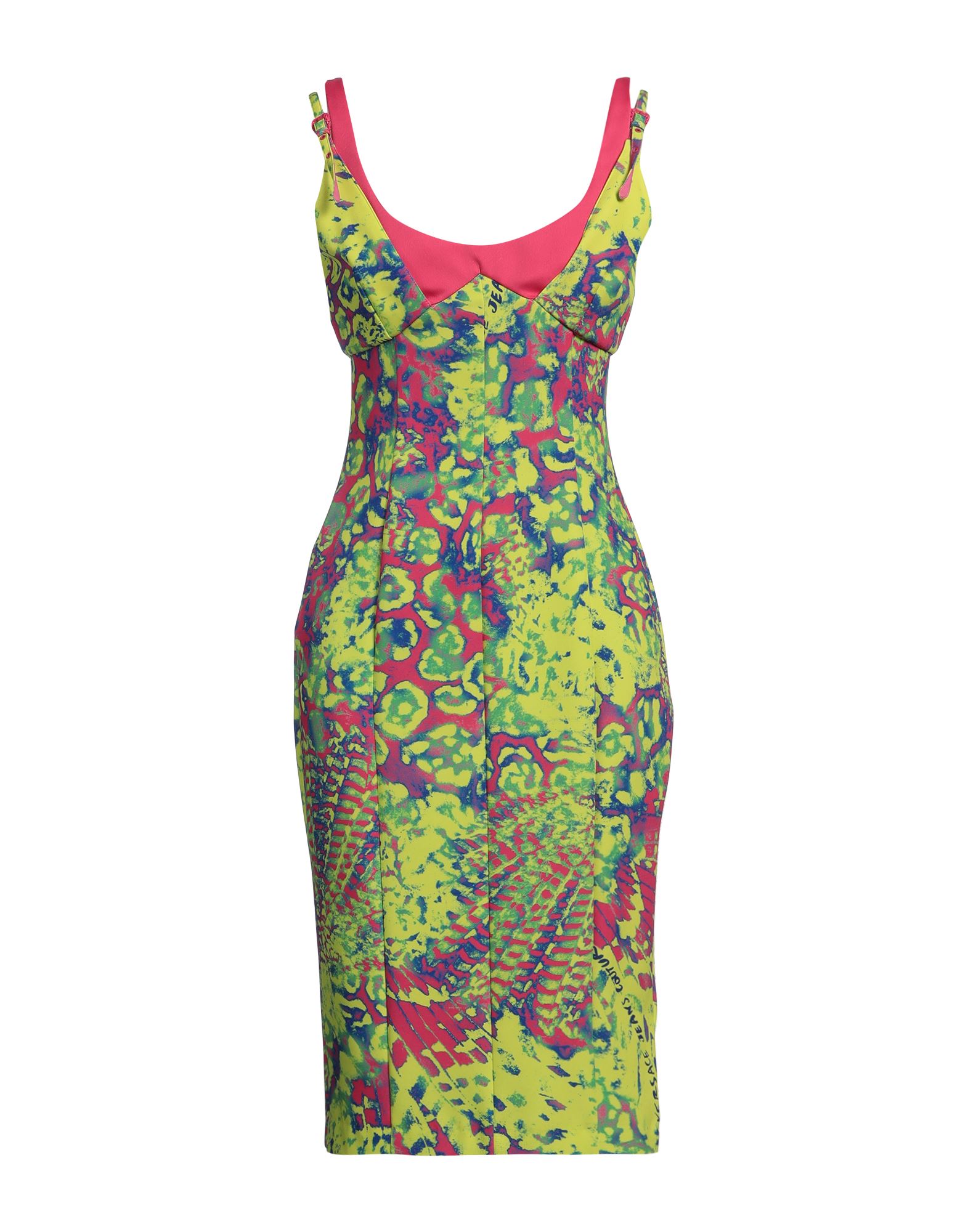 바디콘 드레스, 저지, 멀티컬러 패턴, 브랜드 로고, v 네크라인, 슬리브리스, 안감없음, 포켓 없음, 스트레치, 세탁기 세탁 또는 드라이클리닝, 표백 금지, 건조기 사용불가. 이미지