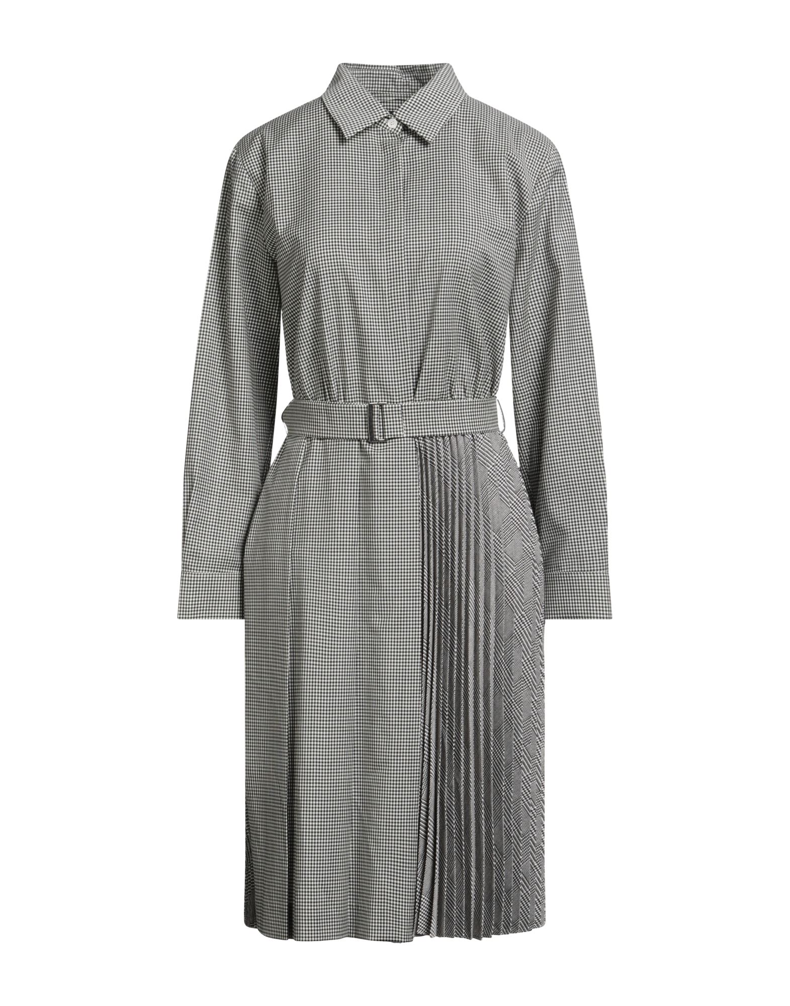 셔츠 드레스, 울 보일, 체크, 벨트, 주름 가공, 클래식 칼라, 롱 슬리브, 버튼 커프스, 안감없음, 버튼 여밈, 지퍼 여밈, 벨트 루프, 동물성 비섬유 자재 함유, 드라이클리닝, 표백 금지, 건조기 사용불가, 편안함과 우아함이 결합된 격식을 갖춘 세련된 포멀 오피스 룩. 이미지