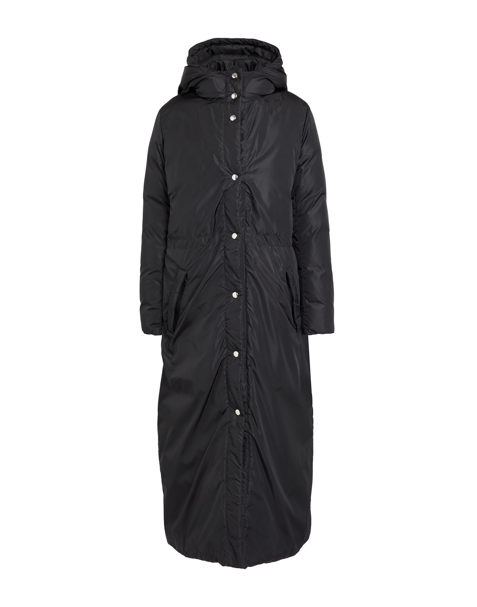 롱 다운 자켓, 테크니컬 패브릭, 솔리드 컬러, 브랜드 로고, 후드, 싱글브레스티드, 롱 슬리브, 구스 다운 내장, 지퍼 여밈, 스냅버튼 여밈, 멀티 포켓, 동물성 비섬유 자재 함유, 세탁기 세탁 또는 드라이클리닝, 표백 금지, 건조기 사용불가. 이미지