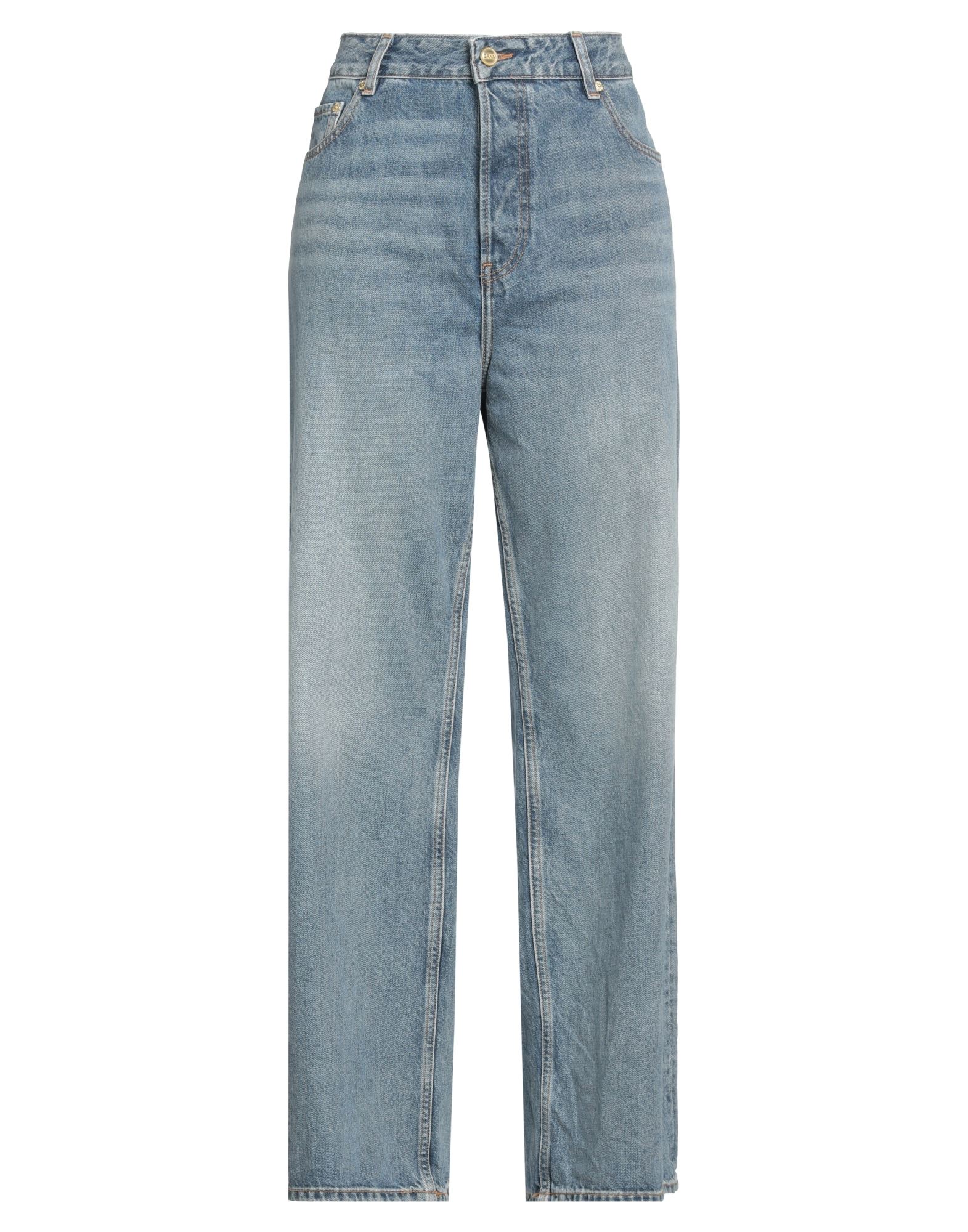 와이드 레그 진, 데님, 바랜 효과, 솔리드 컬러, 브랜드 로고, 미디엄 워싱, 하이 웨이스트, 레귤러 핏, 버튼 여밈, 멀티 포켓, 세탁기로 세탁, 표백 금지, 건조기 사용불가. 이미지