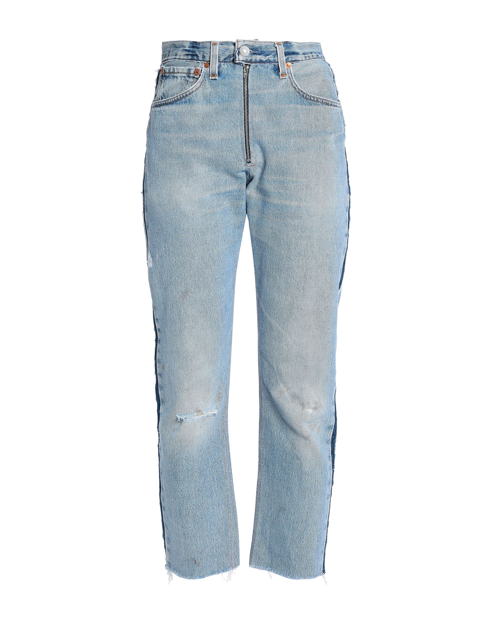 스트레이트 레그 진, 데님, 솔리드 컬러, 스터드, 브랜드 로고, 미디엄 워싱, 벨트 루프, 레귤러 핏, 프린지 헴, 멀티 포켓. 이미지