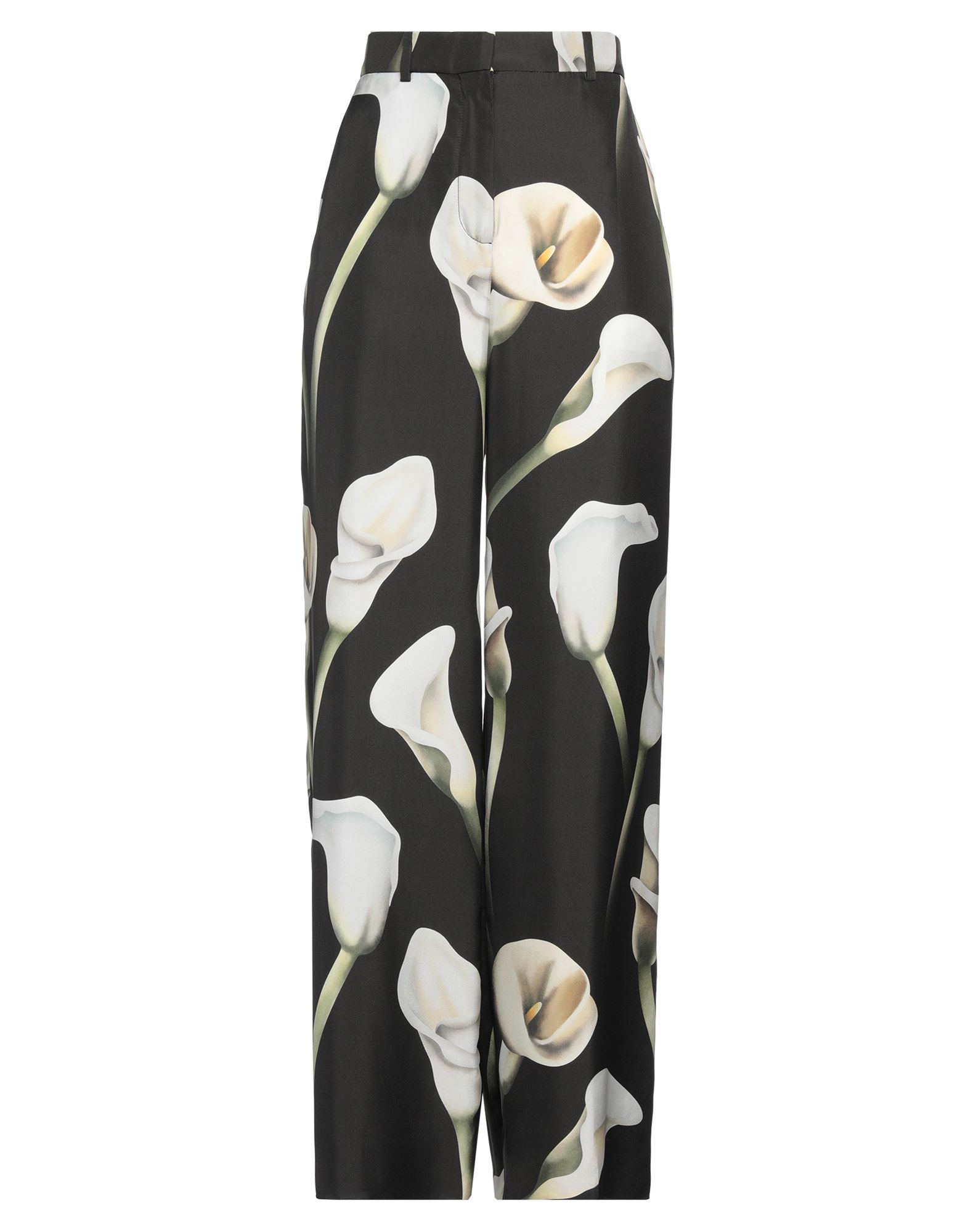 와이드 레그 팬츠, 새틴, 장식 부착 없음, 플로럴 모티브, 하이 웨이스트, 레귤러 핏, 1 버튼, 지퍼 여밈, 멀티 포켓, 드라이클리닝, 표백 금지, 건조기 사용불가. 이미지