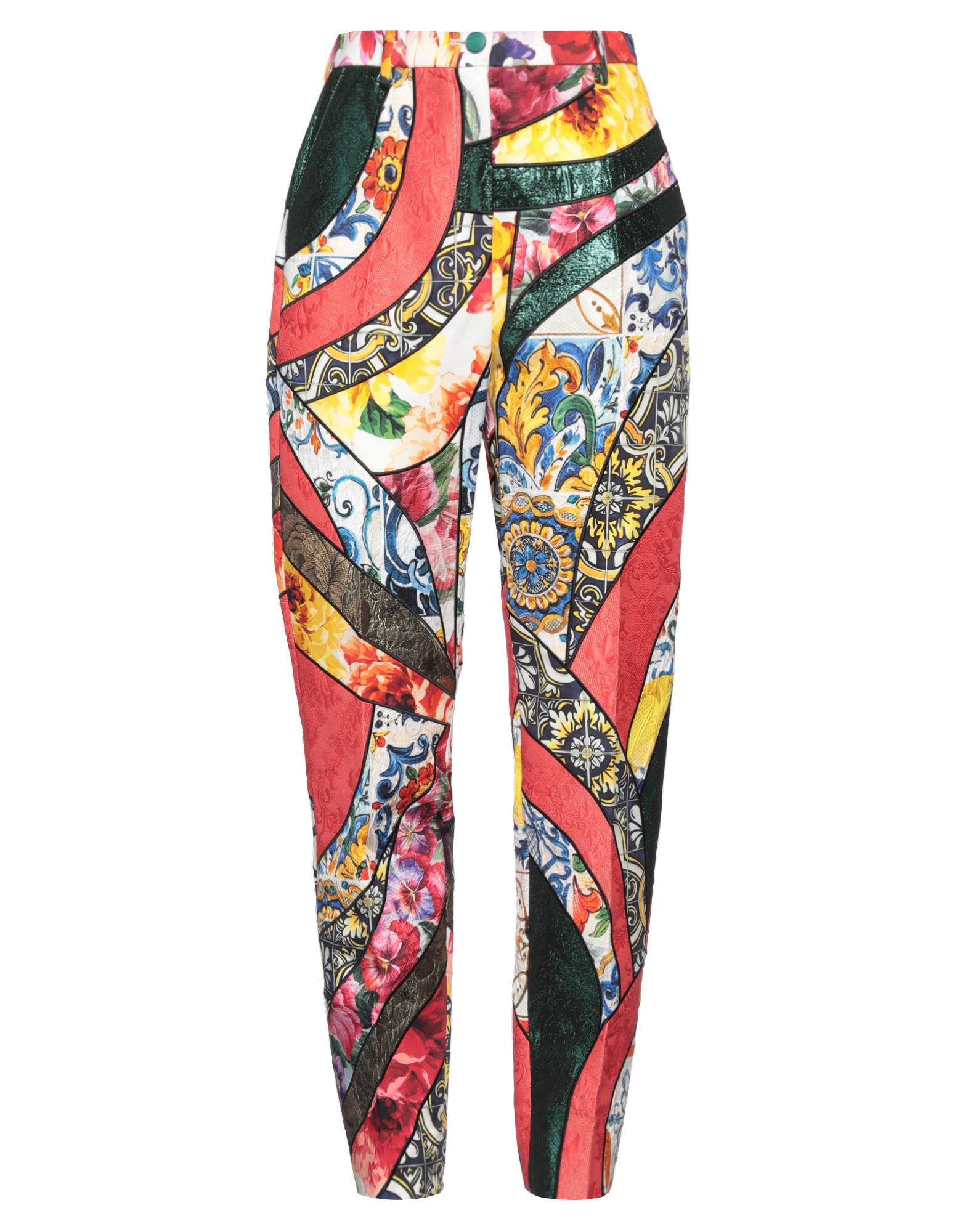 브로케이드, 메탈릭 효과, 장식 부착 없음, 멀티컬러 패턴, 플로럴 모티브, 하이 웨이스트, 레귤러 핏, 1 버튼, 지퍼 여밈, 멀티 포켓, 스트레치, 드라이클리닝, 표백 금지, 건조기 사용불가, 테이퍼드 팬츠. 이미지