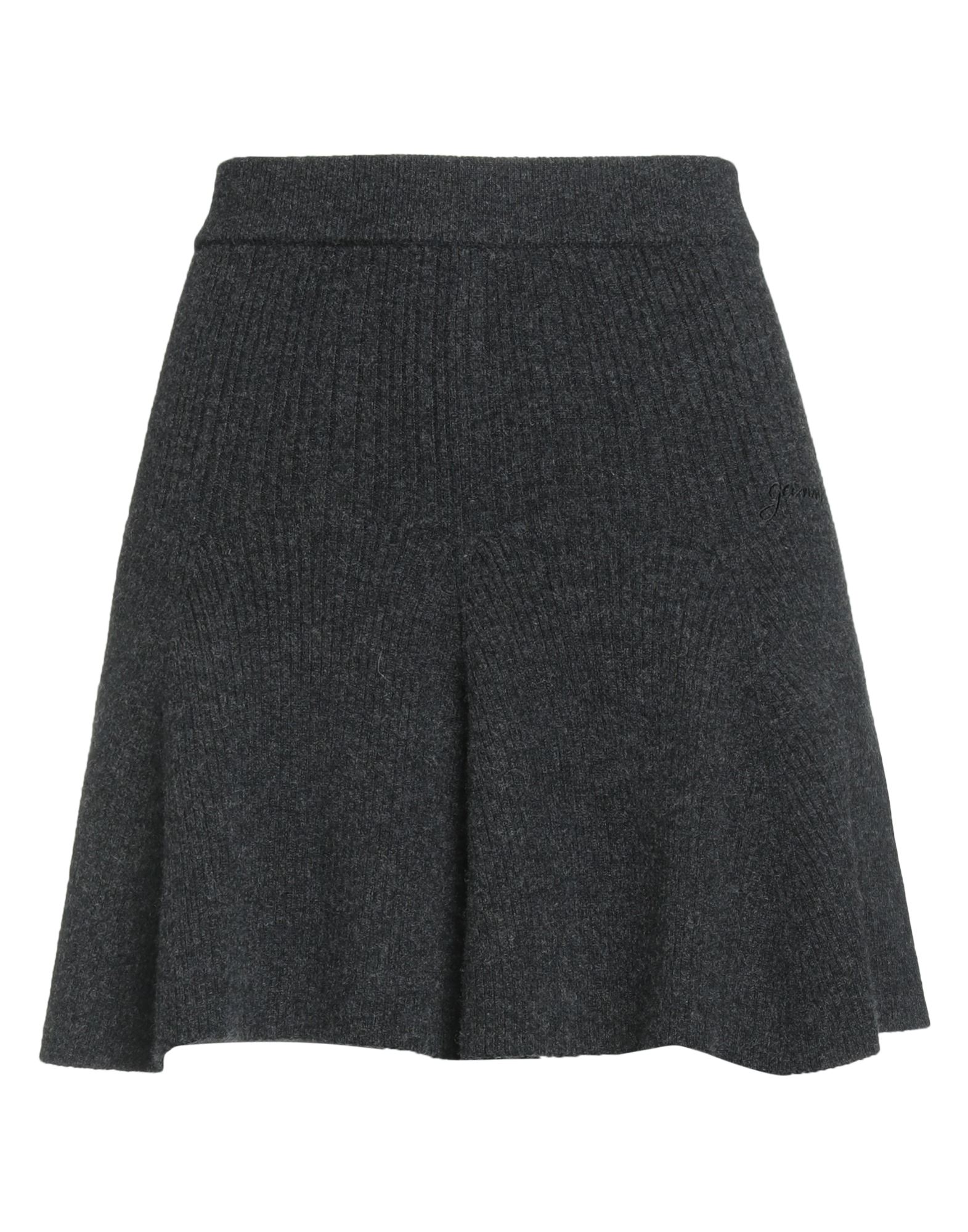 플레어 스커트, 니트 소재, 미디엄웨이트 니트, 멜란지, 자수 로고 장식, 엘라스틱 웨이스트라인, 안감없음, 손세탁, 표백 금지, 건조기 사용불가. 이미지