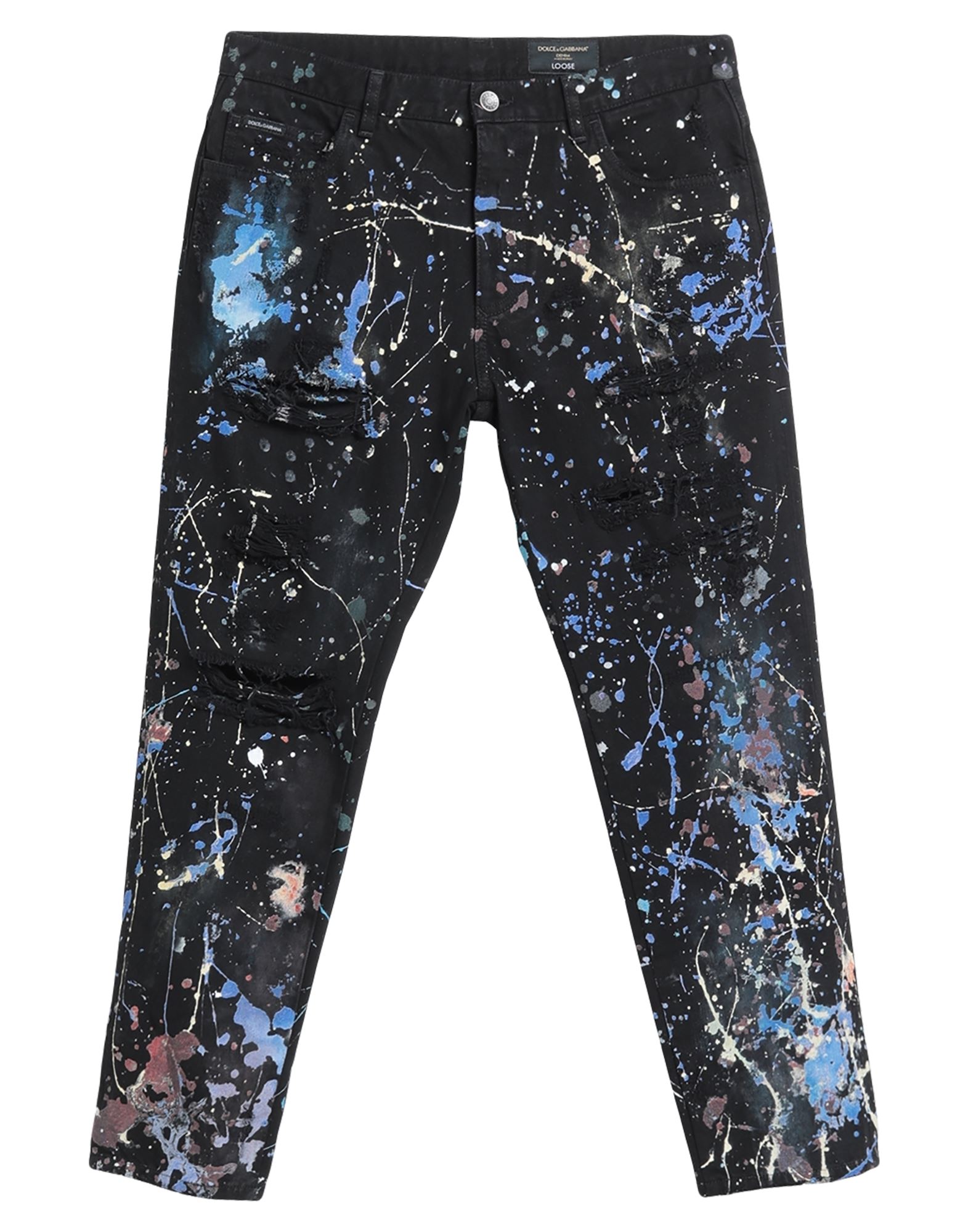 데님, 디스트레스드 효과, 가죽 인서트, 브랜드 로고, 멀티컬러 패턴, 컬러 워싱, 노멀 웨이스트, 벨트 루프, 테이퍼드 레그, 스키니, 1 버튼, 지퍼 여밈, 포켓 5개, 동물성 비섬유 자재 함유, 스키니 스타일. 이미지