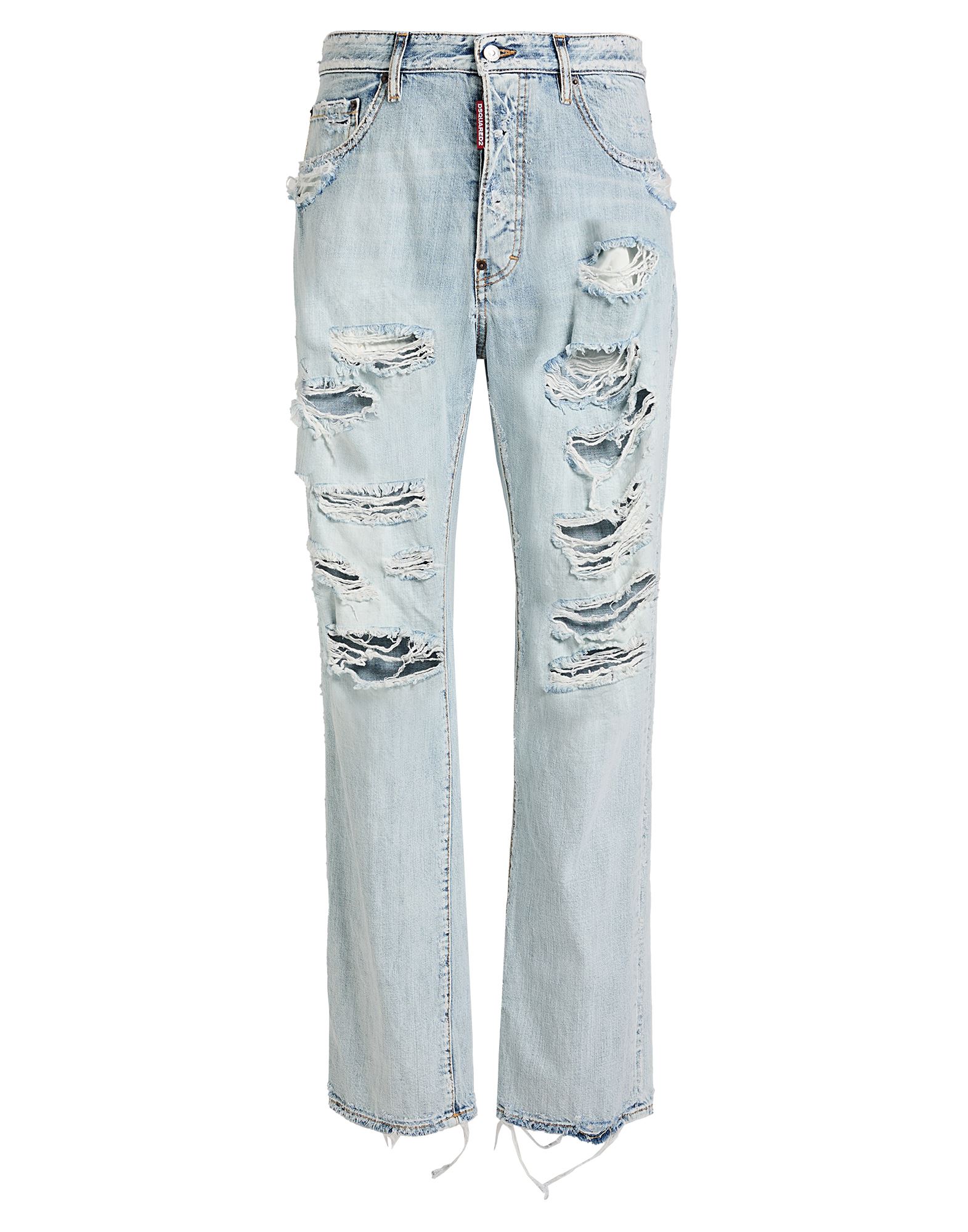 데님, 바랜 효과, 디스트레스드 효과, 브랜드 로고, 솔리드 컬러, 라이트 워싱, 하이 웨이스트, 레귤러 핏, 히든 버튼 여밈, 포켓 없음, 손세탁 또는 드라이클리닝, 표백 금지, 건조기 사용불가, 스트레이트 레그 진. 이미지