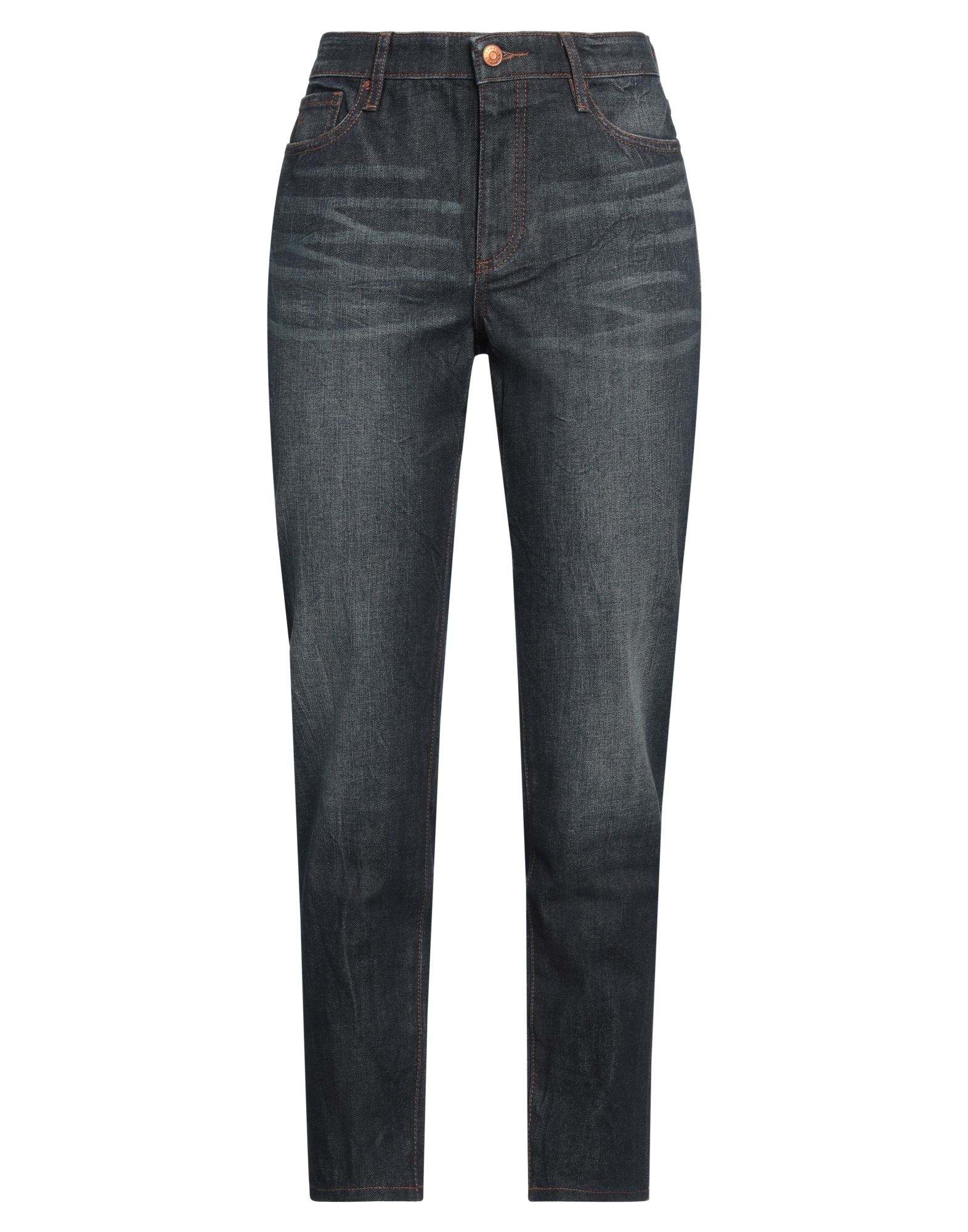 테이퍼드 진, 데님, 바랜 효과, 솔리드 컬러, 브랜드 로고, 미디엄 워싱, 노멀 웨이스트, 레귤러 핏, 1 버튼, 지퍼 여밈, 멀티 포켓, 세탁기로 세탁, 표백 금지, 건조기 사용불가. 이미지