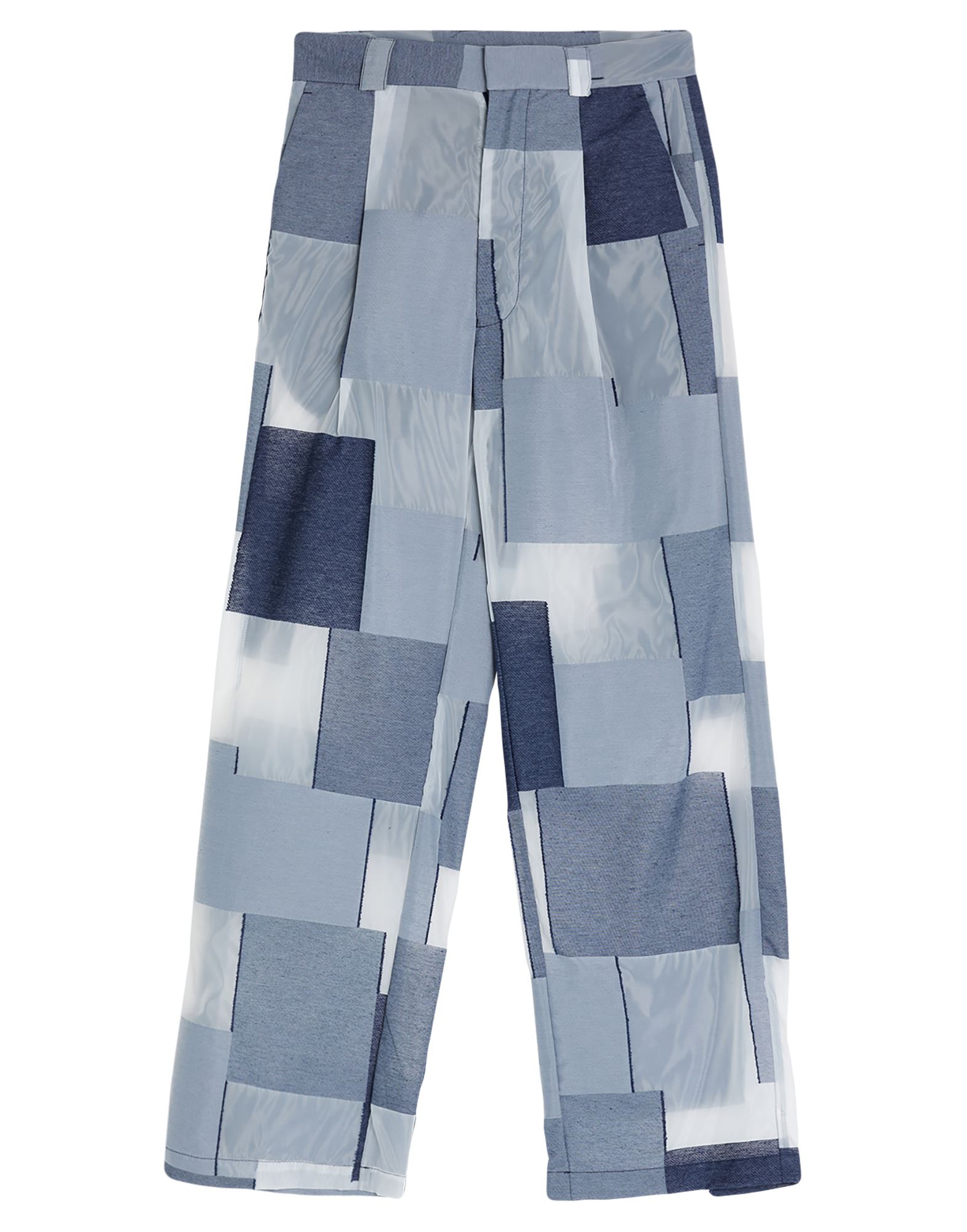 캐주얼 팬츠, 우븐, 오간자, 패치워크, 장식 부착 없음, 하이 웨이스트, 스트레이트 레그, 레귤러 핏, 지퍼 여밈, 후크 여밈, 드라이클리닝, 표백 금지, 건조기 사용불가. 이미지