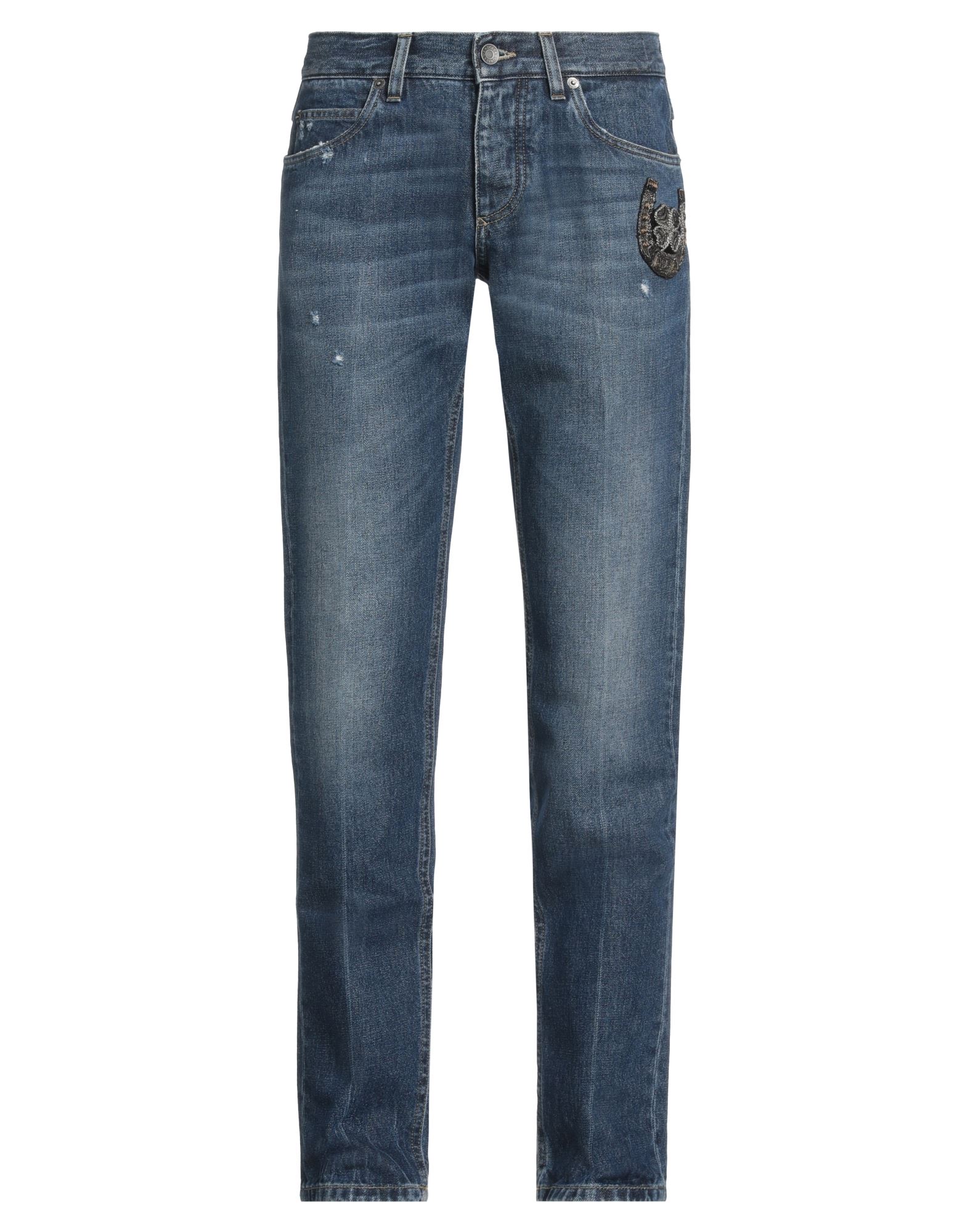 데님, 디스트레스드 효과, 바랜 효과, 가죽 인서트, 브랜드 로고, 솔리드 컬러, 다크 워싱, 로우 웨이스트, 벨트 루프, 테이퍼드 레그, 레귤러 핏, 히든 버튼, 멀티 포켓, 드라이클리닝, 건조기 사용불가, 표백 금지, 다림질 금지, 동물성 비섬유 자재 함유, 스트레이트 레그 스타일. 이미지