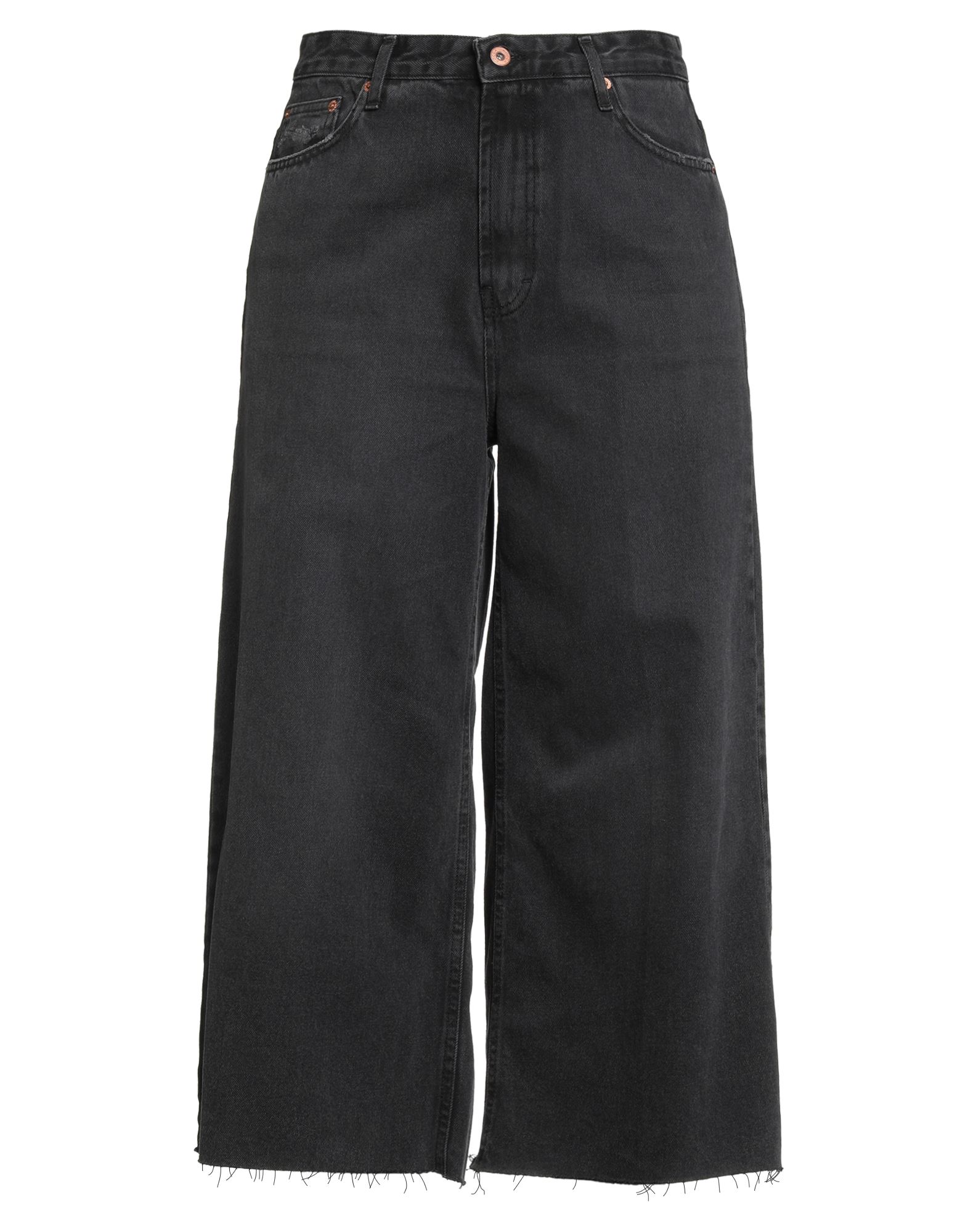 와이드 레그 진, 데님, 바랜 효과, 솔리드 컬러, 브랜드 로고, 컬러 워싱, 하이 웨이스트, 벨트 루프, 레귤러 핏, 1 버튼, 지퍼 여밈, 로 컷 밑단, 멀티 포켓, 세탁기 세탁 또는 드라이클리닝, 표백 금지, 건조기 사용불가, 크롭트. 이미지