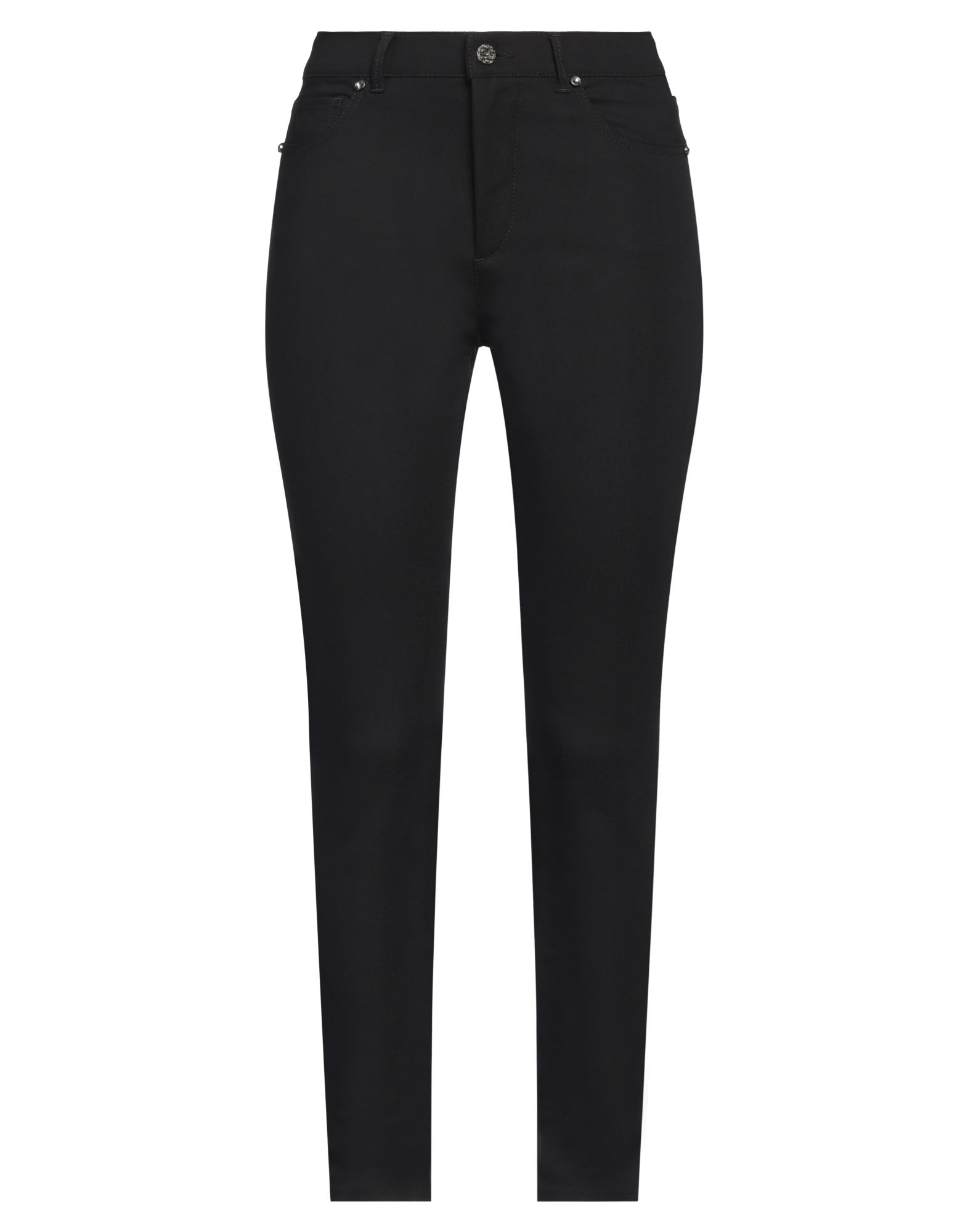 합성 저지, 크리스탈, 장식 디테일 솔리드 컬러, 노멀 웨이스트, 스키니, 1 버튼, 지퍼 여밈, 멀티 포켓, 스트레치, 세탁기 세탁 또는 드라이클리닝, 표백 금지, 건조기 사용불가, 스키니 팬츠. 이미지