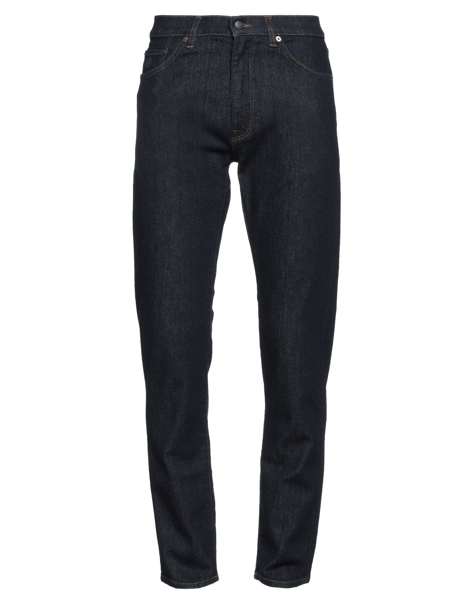 스트레이트 레그 진, 데님, 솔리드 컬러, 브랜드 로고, 다크 워싱, 노멀 웨이스트, 레귤러 핏, 버튼 여밈, 지퍼 여밈, 멀티 포켓, 세탁기로 세탁, 표백 금지, 건조기 사용가능. 이미지