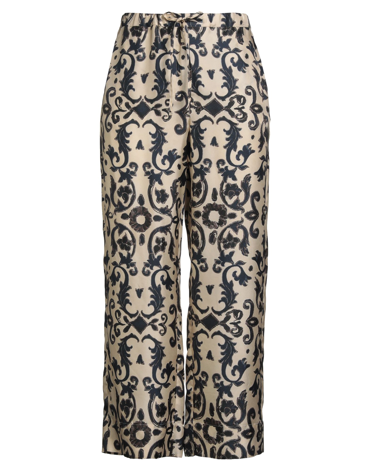 와이드 레그 팬츠, 새틴, 플로럴 모티브, 장식 부착 없음, 하이 웨이스트, 드로스트링 웨이스트, 컴포트 핏, 지퍼 여밈, 후크 여밈, 슬릿 포켓, 드라이클리닝, 표백 금지, 건조기 사용불가, 동물성 비섬유 자재 함유. 이미지