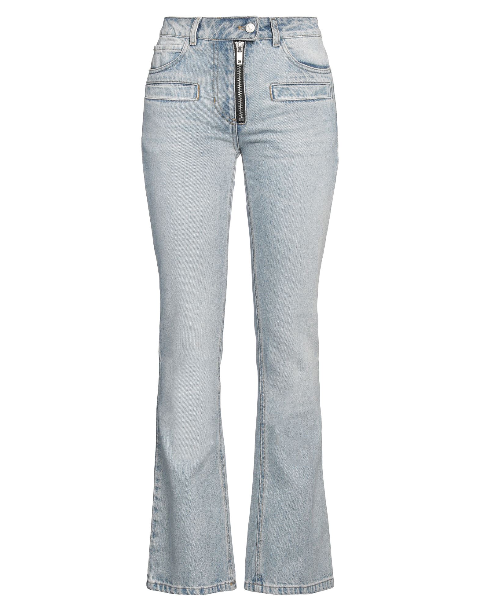 데님, 바랜 효과, 장식 부착 없음, 솔리드 컬러, 미디엄 워싱, 하이 웨이스트, 레귤러 핏, 지퍼 여밈, 1 버튼, 멀티 포켓, 세탁기 세탁 또는 드라이클리닝, 표백 금지, 건조기 사용불가, 플레어 진. 이미지