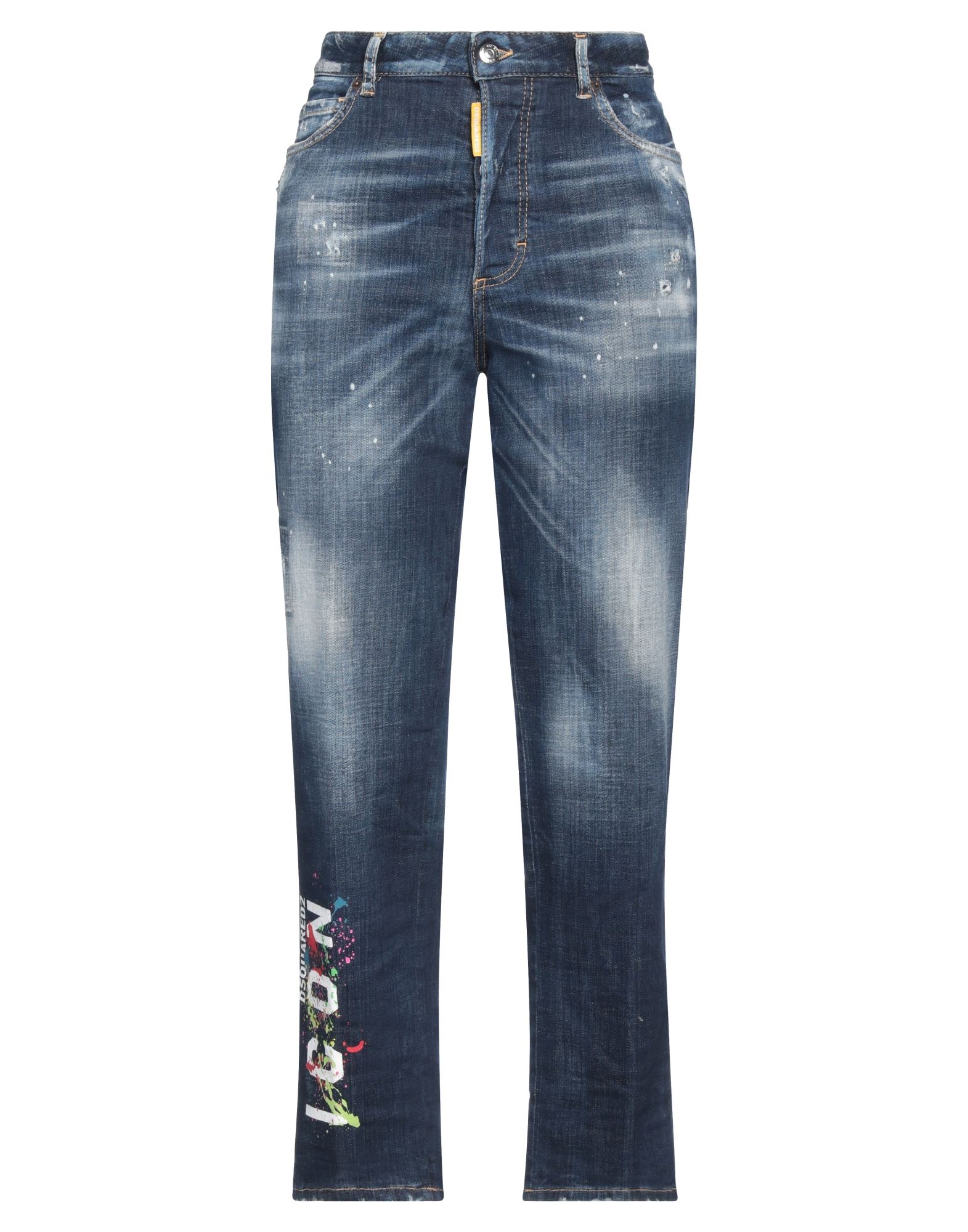 스트레이트 레그 진, 데님, 바랜 효과, 디스트레스드 효과, 프린트 디테일 솔리드 컬러, 브랜드 로고, 다크 워싱, 하이 웨이스트, 레귤러 핏, 버튼 여밈, 멀티 포켓, 스트레치 패브릭, 세탁기 세탁 또는 드라이클리닝, 표백 금지, 건조기 사용불가, 동물성 비섬유 자재 함유. 이미지