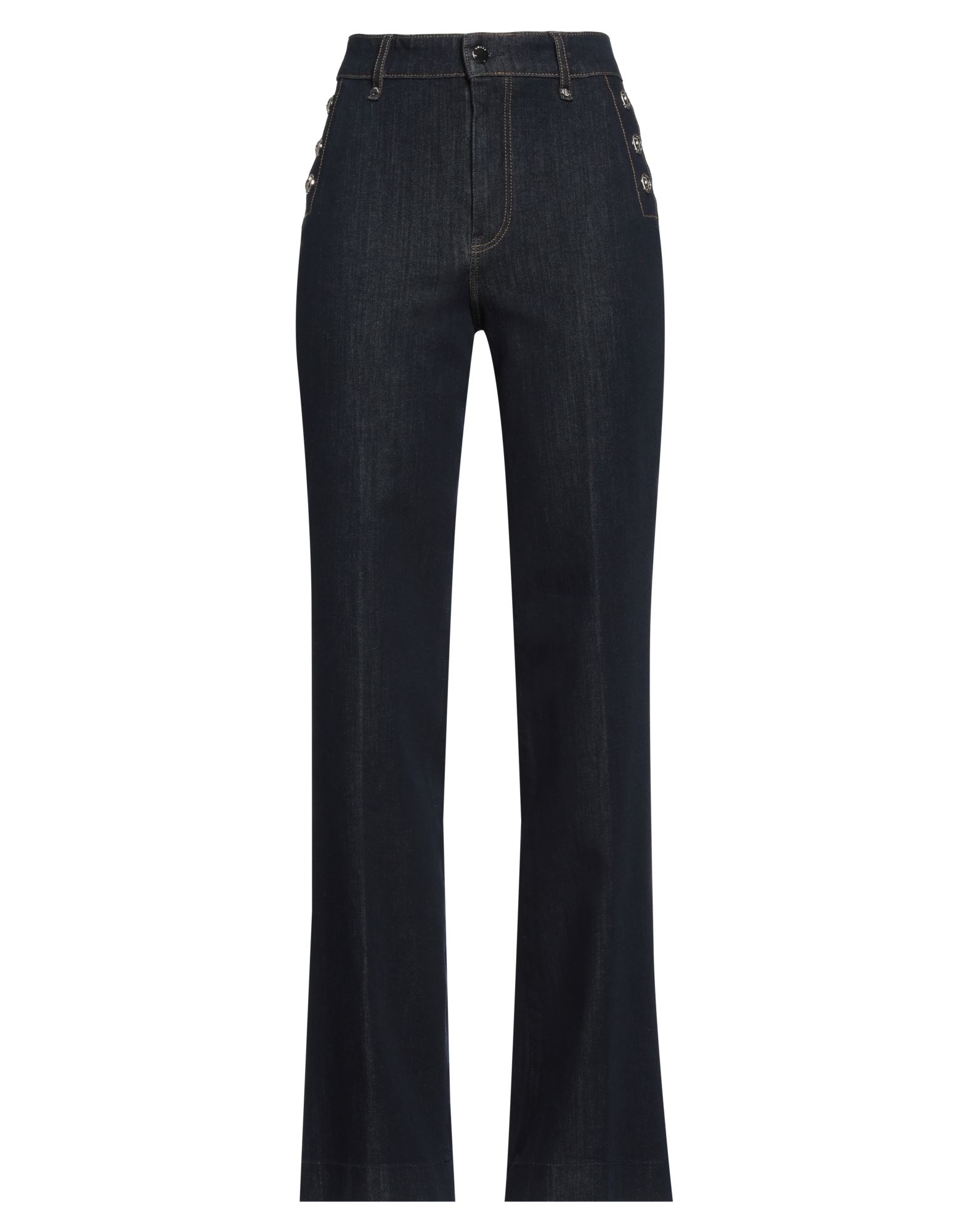 플레어 진, 데님, 바랜 효과, 솔리드 컬러, 장식 부착 없음, 다크 워싱, 하이 웨이스트, 레귤러 핏, 지퍼 여밈, 1 버튼, 멀티 포켓, 스트레치, 세탁기로 세탁, 표백 금지, 건조기 사용불가. 이미지