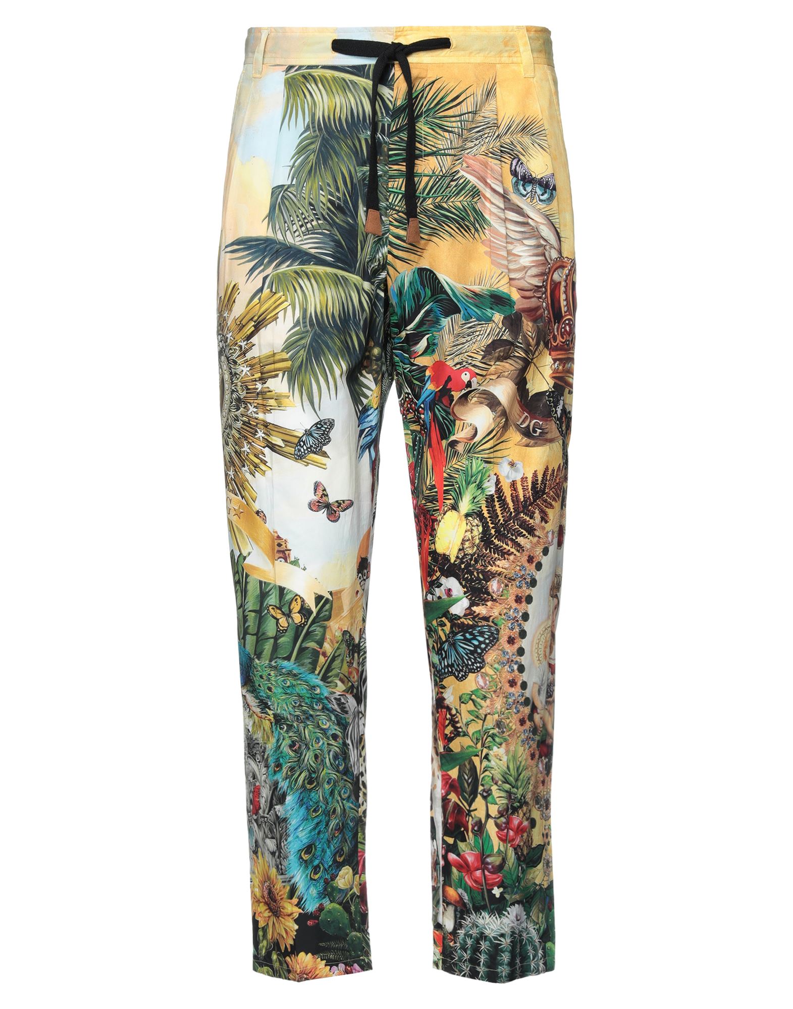 캐주얼 팬츠, 우븐, 멀티컬러 패턴, 브랜드 로고, 다트, 하이 웨이스트, 드로스트링 웨이스트, 테이퍼드 레그, 레귤러 핏, 스냅버튼 여밈, 지퍼 여밈, 슬릿 포켓, 플랩 포켓, 드라이클리닝, 표백 금지, 건조기 사용불가. 이미지