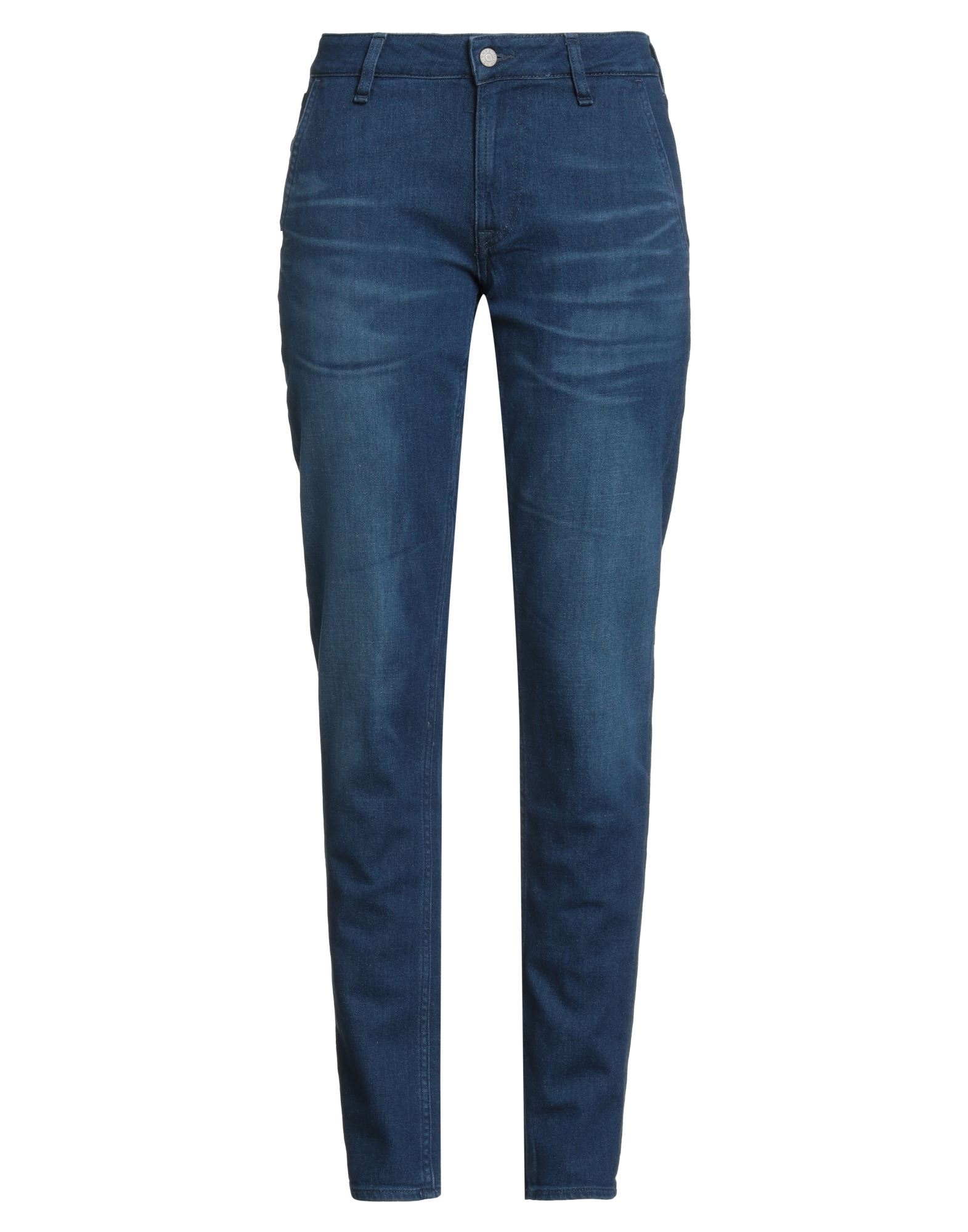 테이퍼드 진, 데님, 바랜 효과, 솔리드 컬러, 브랜드 로고, 미디엄 워싱, 로우 웨이스트, 레귤러 핏, 멀티 포켓, 스트레치, 세탁기로 세탁, 표백 금지, 건조기 사용불가. 이미지